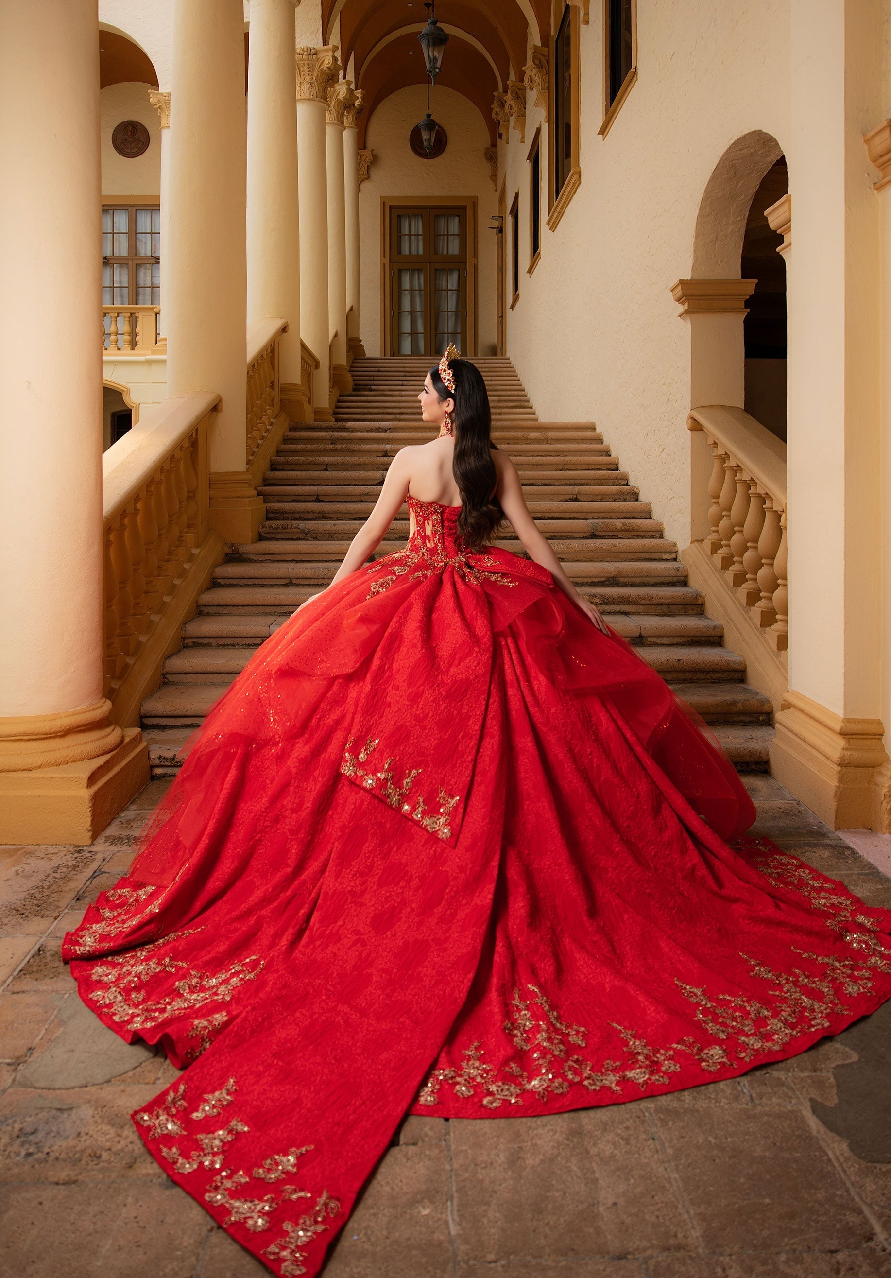 Strapless Curved Neck Floor-Length Lace Quinceanera Ball Gown MGNY 4080054