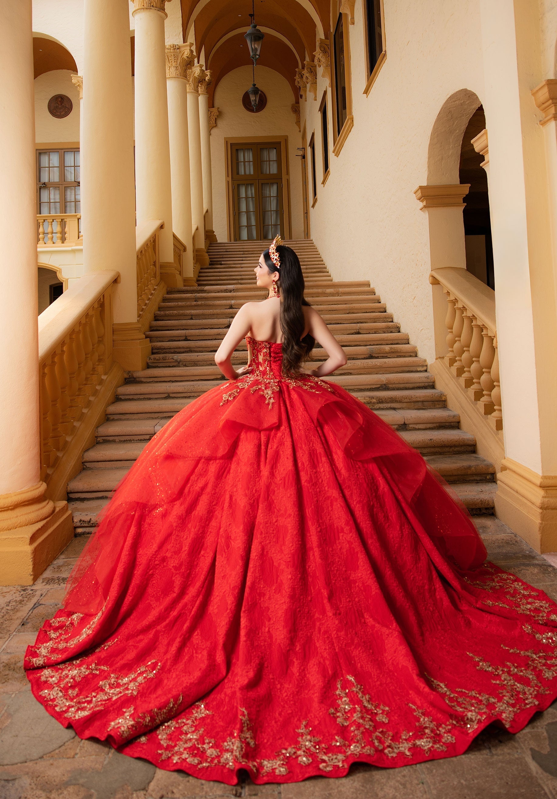 Strapless Curved Neck Floor-Length Lace Quinceanera Ball Gown MGNY 4080054