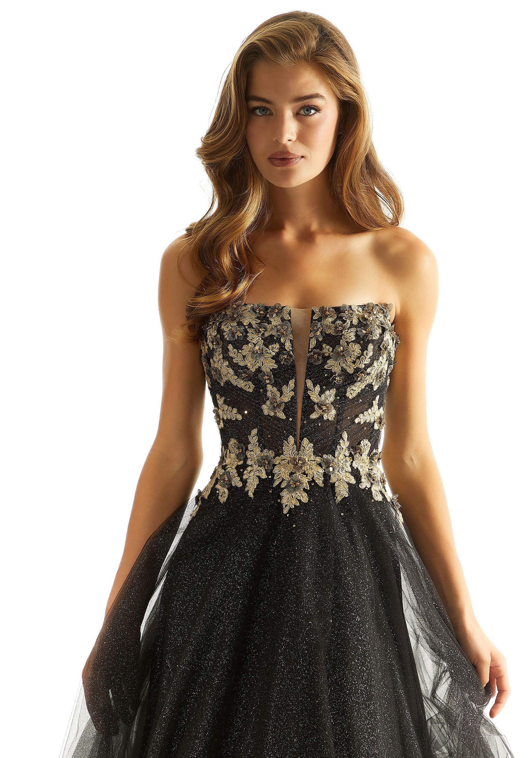 Prom Dresses Formal Long A Line Beaded Floral Prom Dress Black/Gold