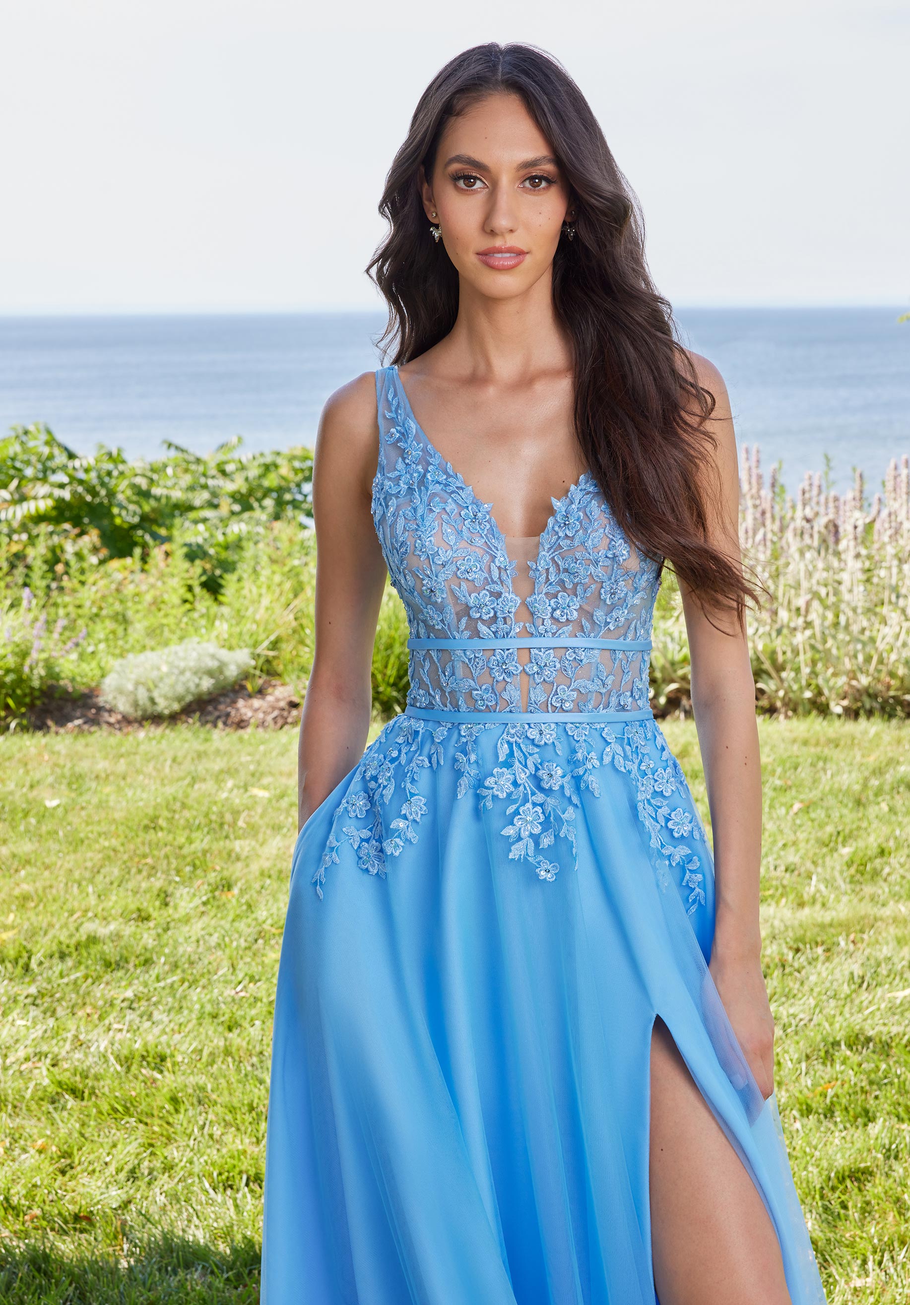 Prom Dresses A Line Long Formal Floral Applique Prom Dress French Blue