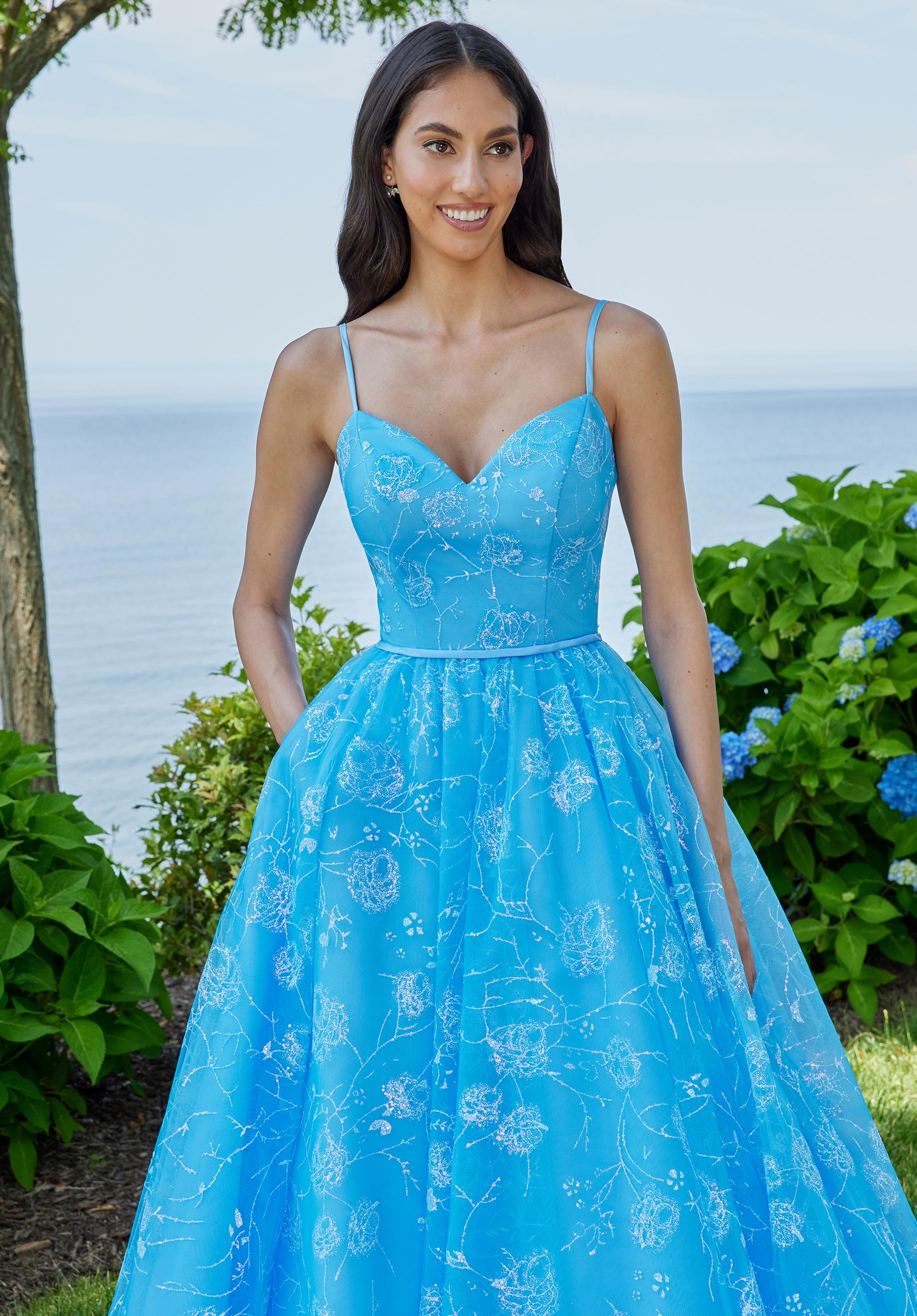 Prom Dresses Floral Ball Gowm Long Formal Prom Dress French Blue