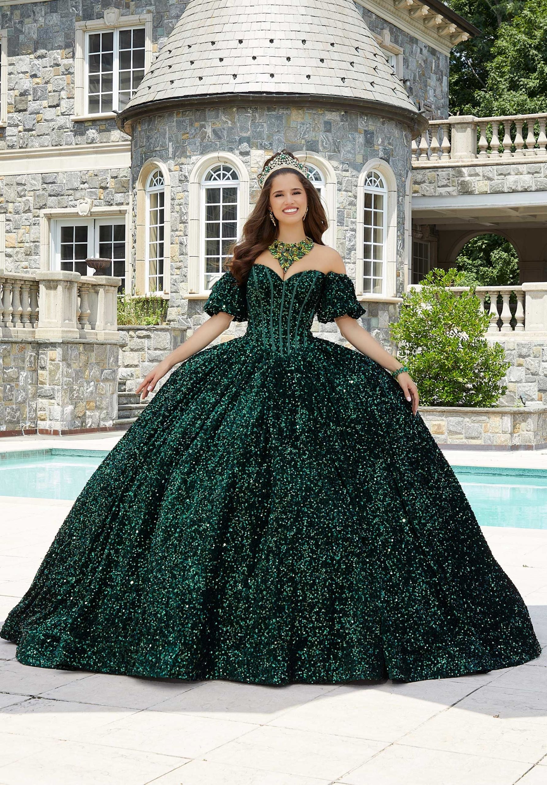 Off-the-Shoulder Floor-Length Sequin Quinceañera Ball Gown MGNY Madeline Gardner New York 60171