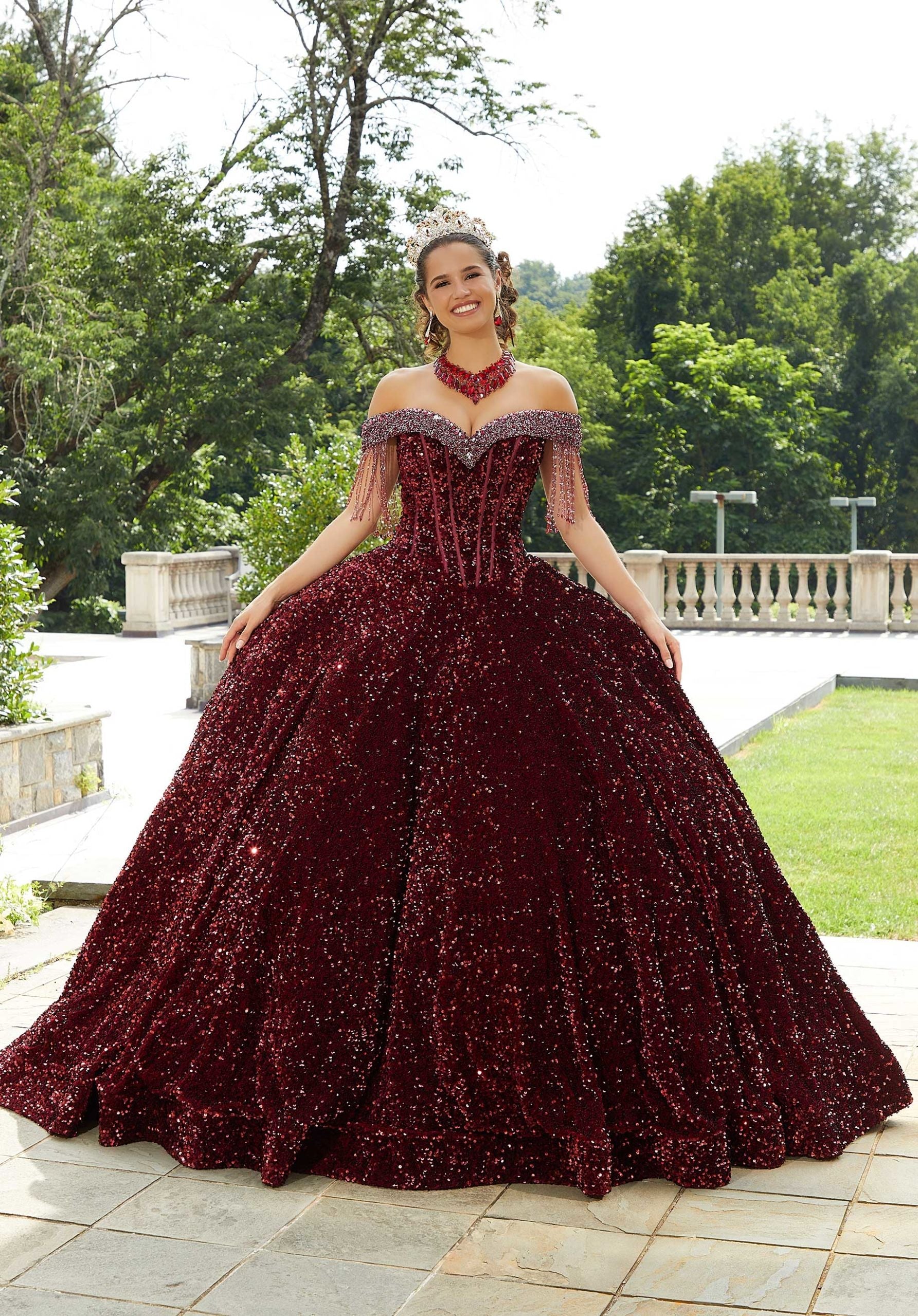 Off-the-Shoulder Floor-Length Sequin Quinceañera Ball Gown MGNY Madeline Gardner New York 60177