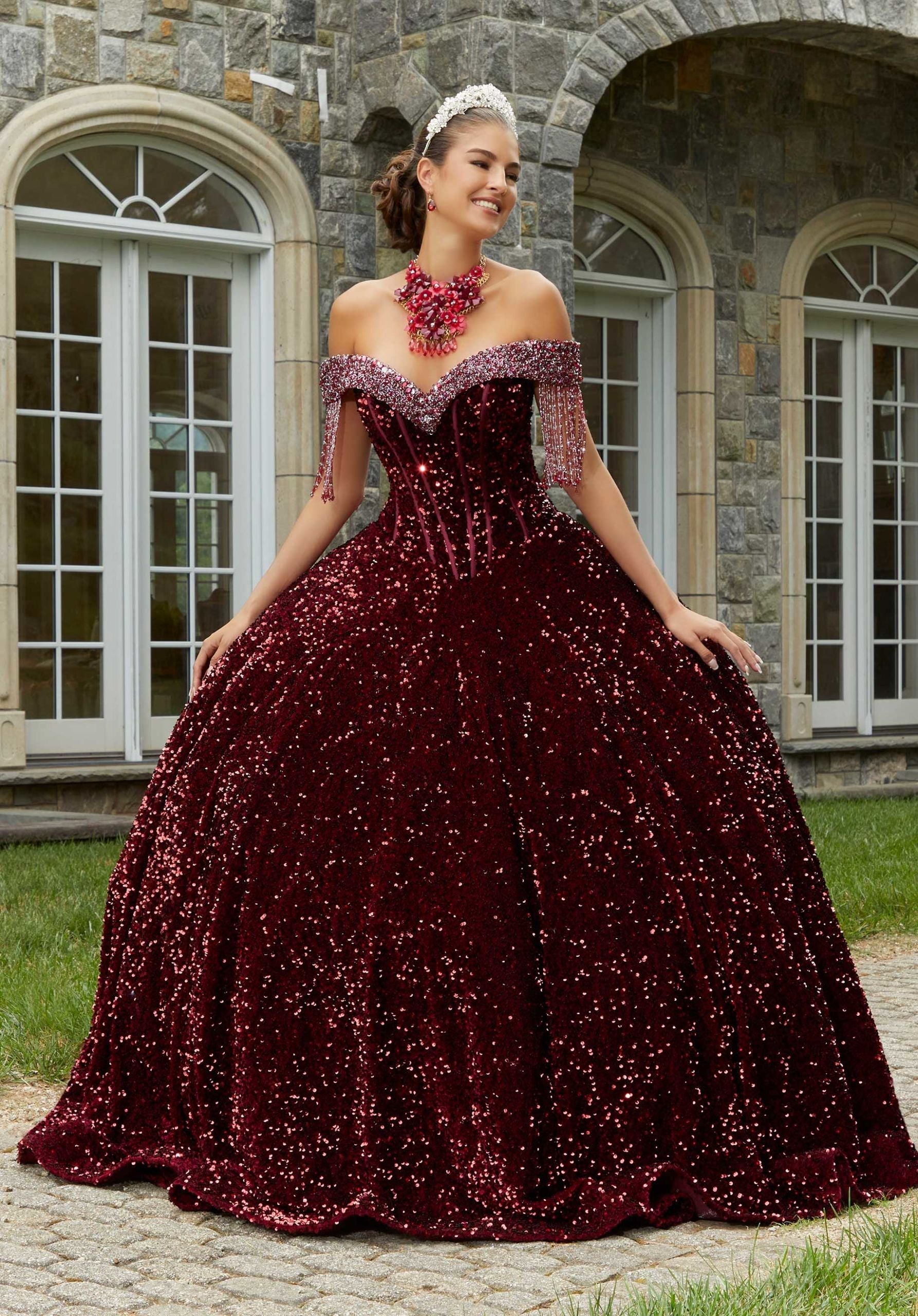 Off-the-Shoulder Floor-Length Sequin Quinceañera Ball Gown MGNY Madeline Gardner New York 60177