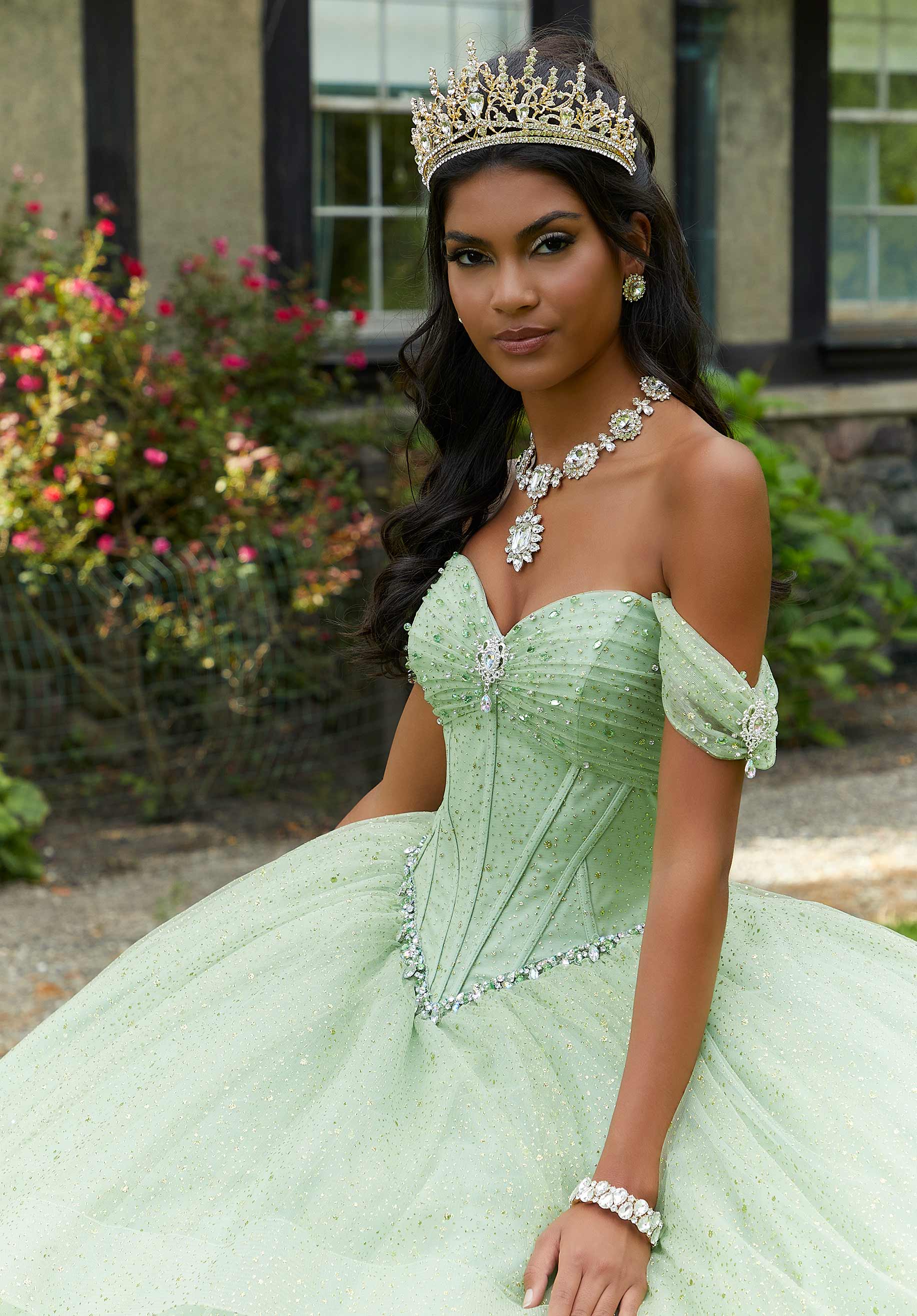 Off-the-Shoulder Floor-Length Tulle Quinceañera Ball Gown MGNY Madeline Gardner New York 60193