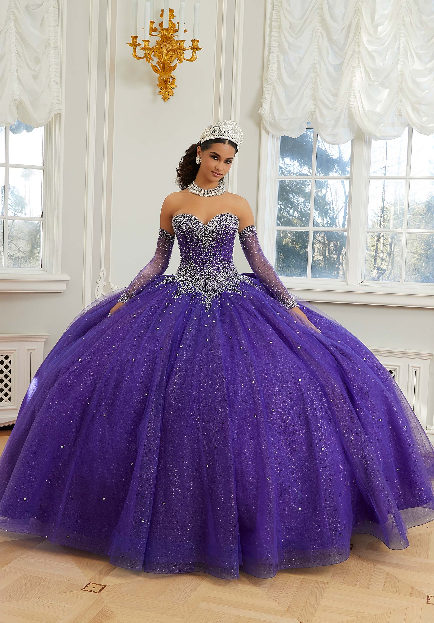 Strapless Curved Neck Floor-Length Tulle Quinceañera Ball Gown MGNY Madeline Gardner New York 60205