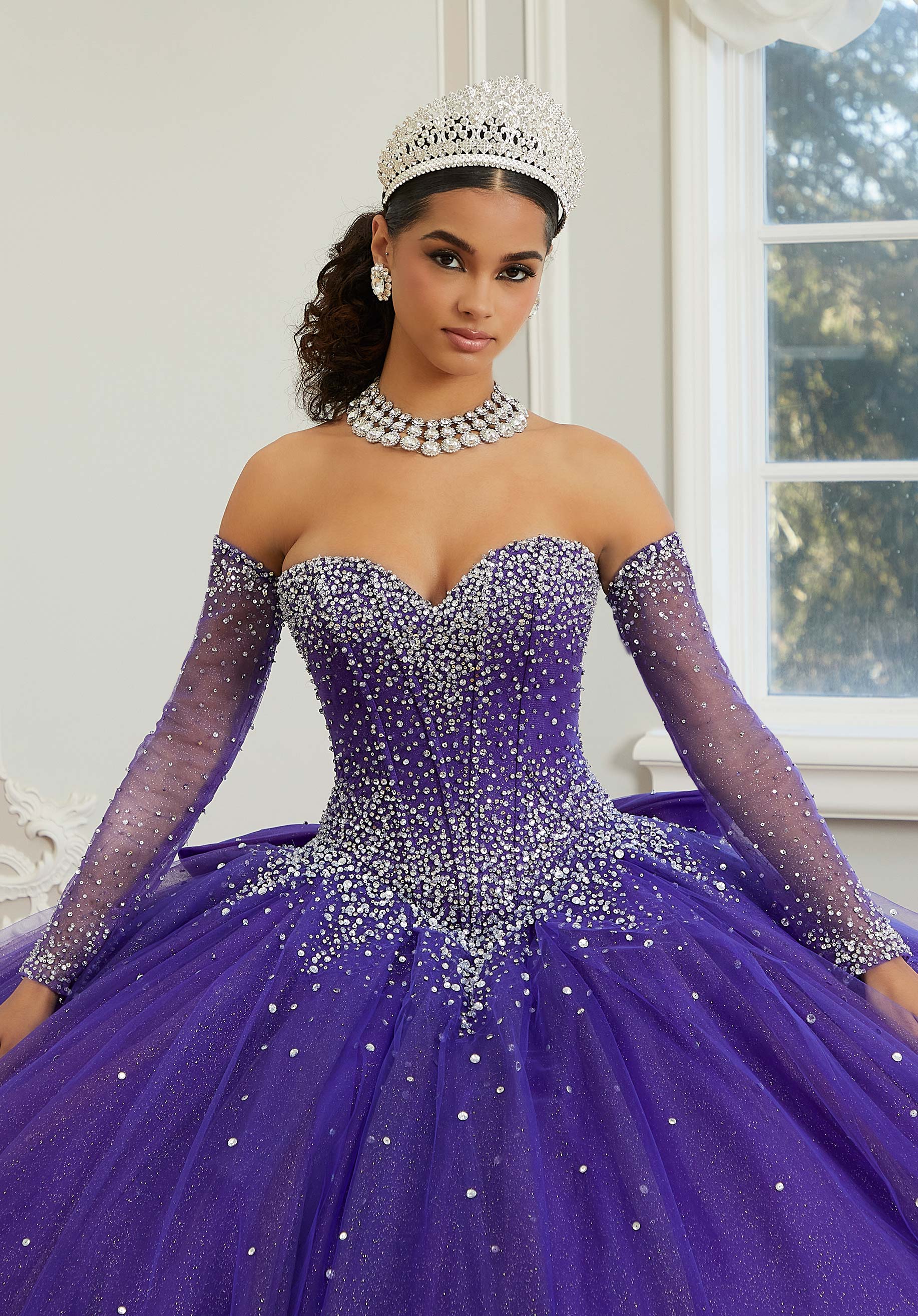 Strapless Curved Neck Floor-Length Tulle Quinceañera Ball Gown MGNY Madeline Gardner New York 60205