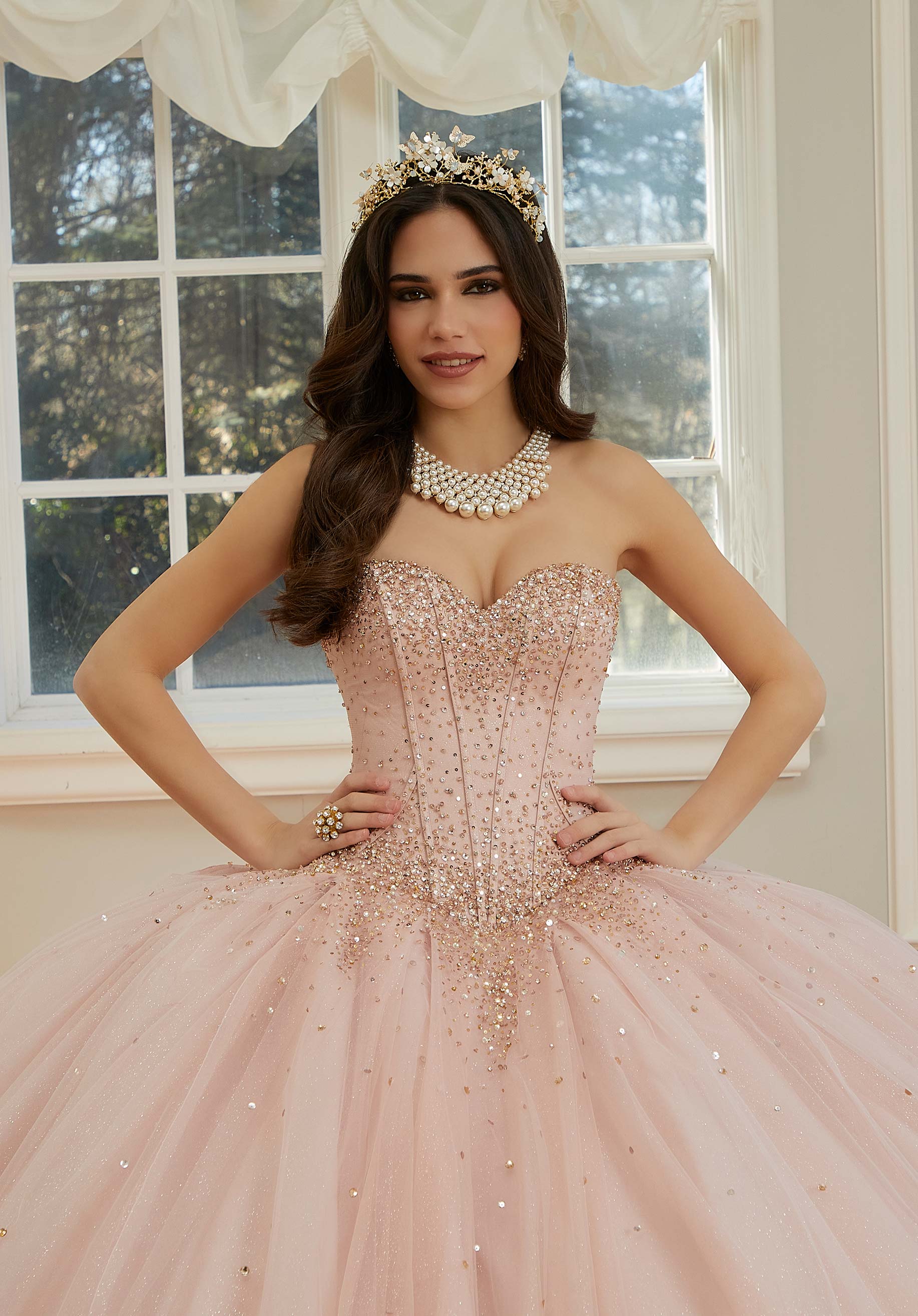 Strapless Curved Neck Floor-Length Tulle Quinceañera Ball Gown MGNY Madeline Gardner New York 60205