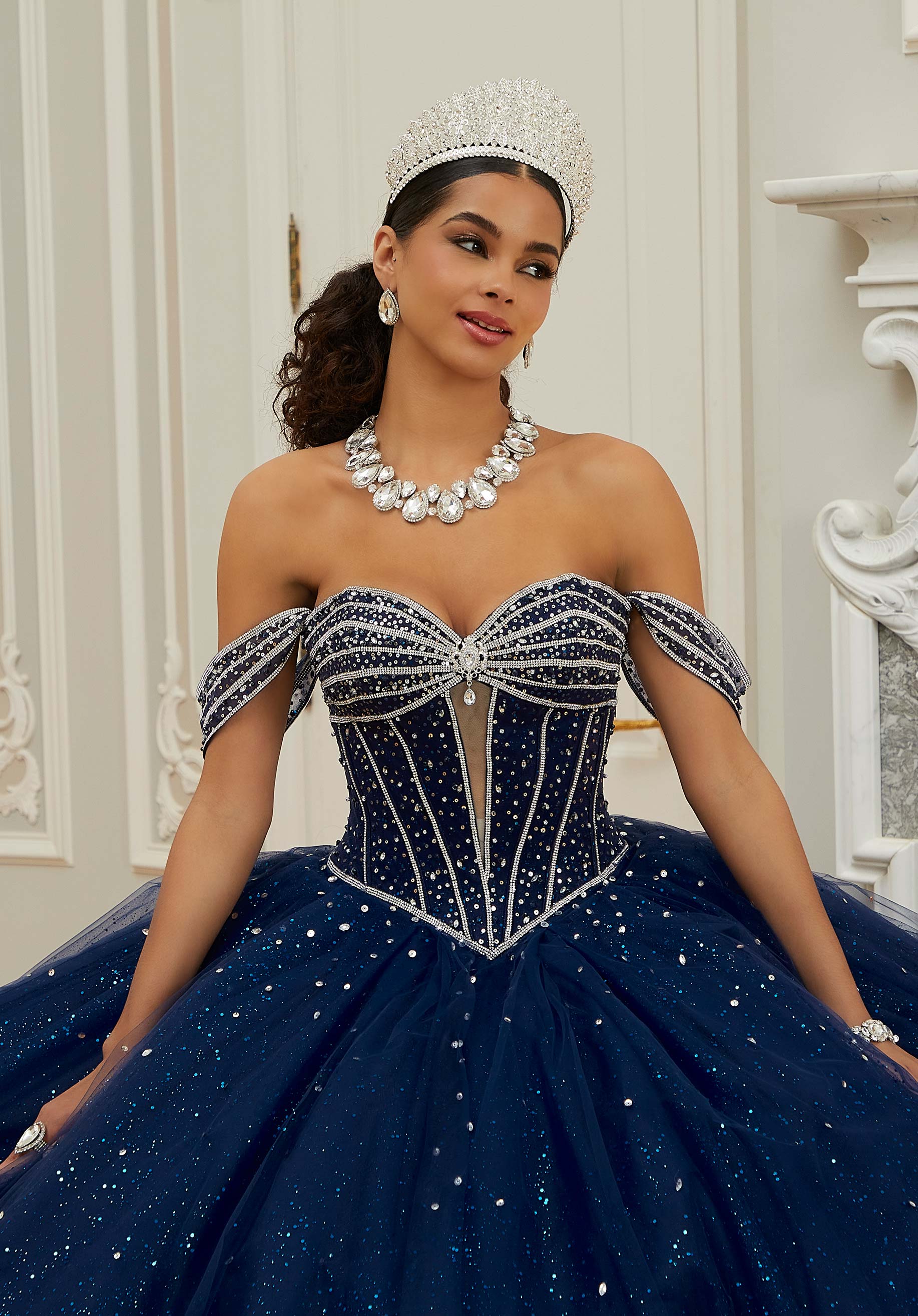 Off-the-Shoulder Floor-Length Tulle Quinceañera Ball Gown MGNY Madeline Gardner New York 60208