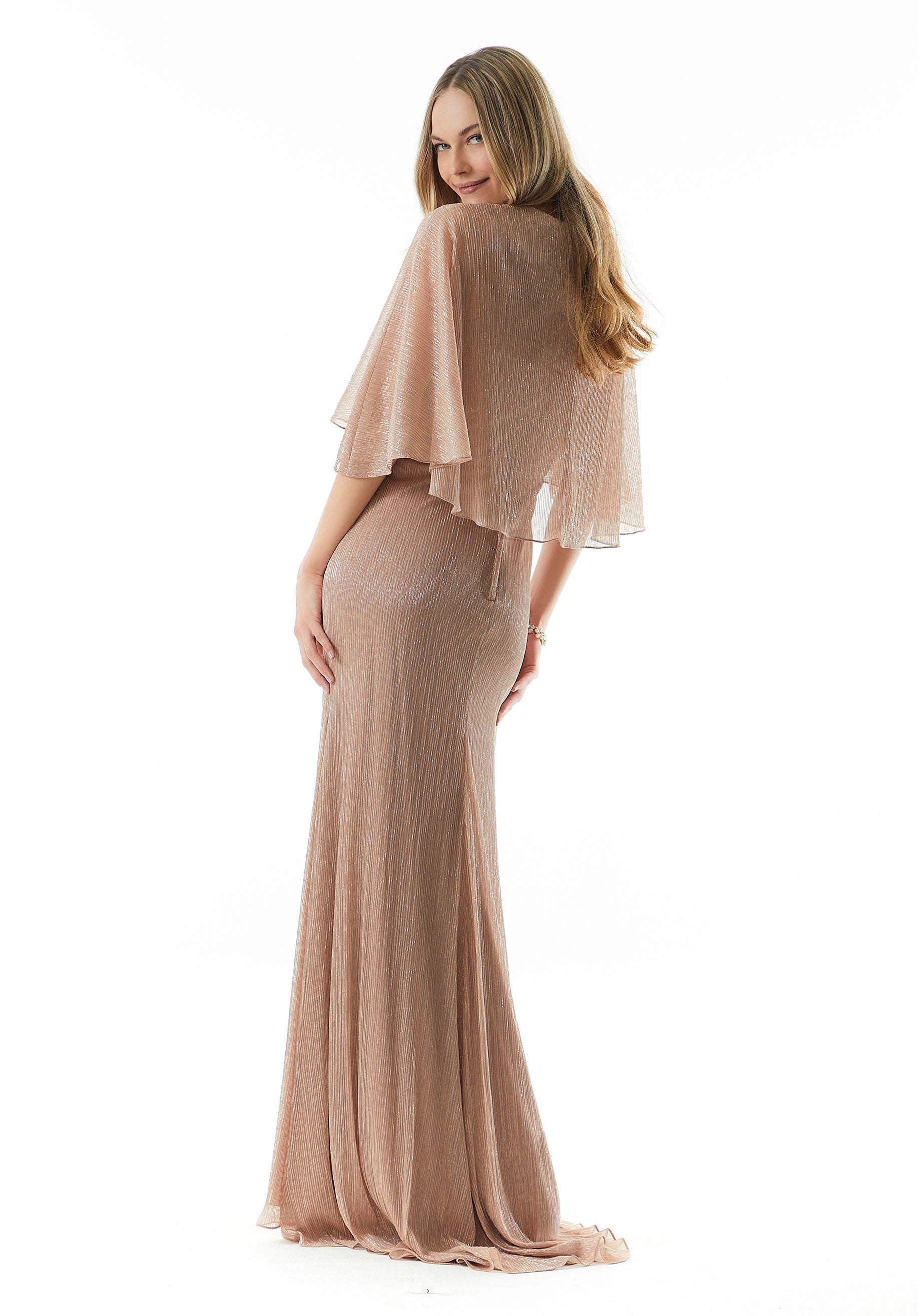 Rose Gold V-Neck Floor-Length Metallic Knit Evening Gown with Cape-Style Sleeves MGNY Madeline Gardner New York 73004