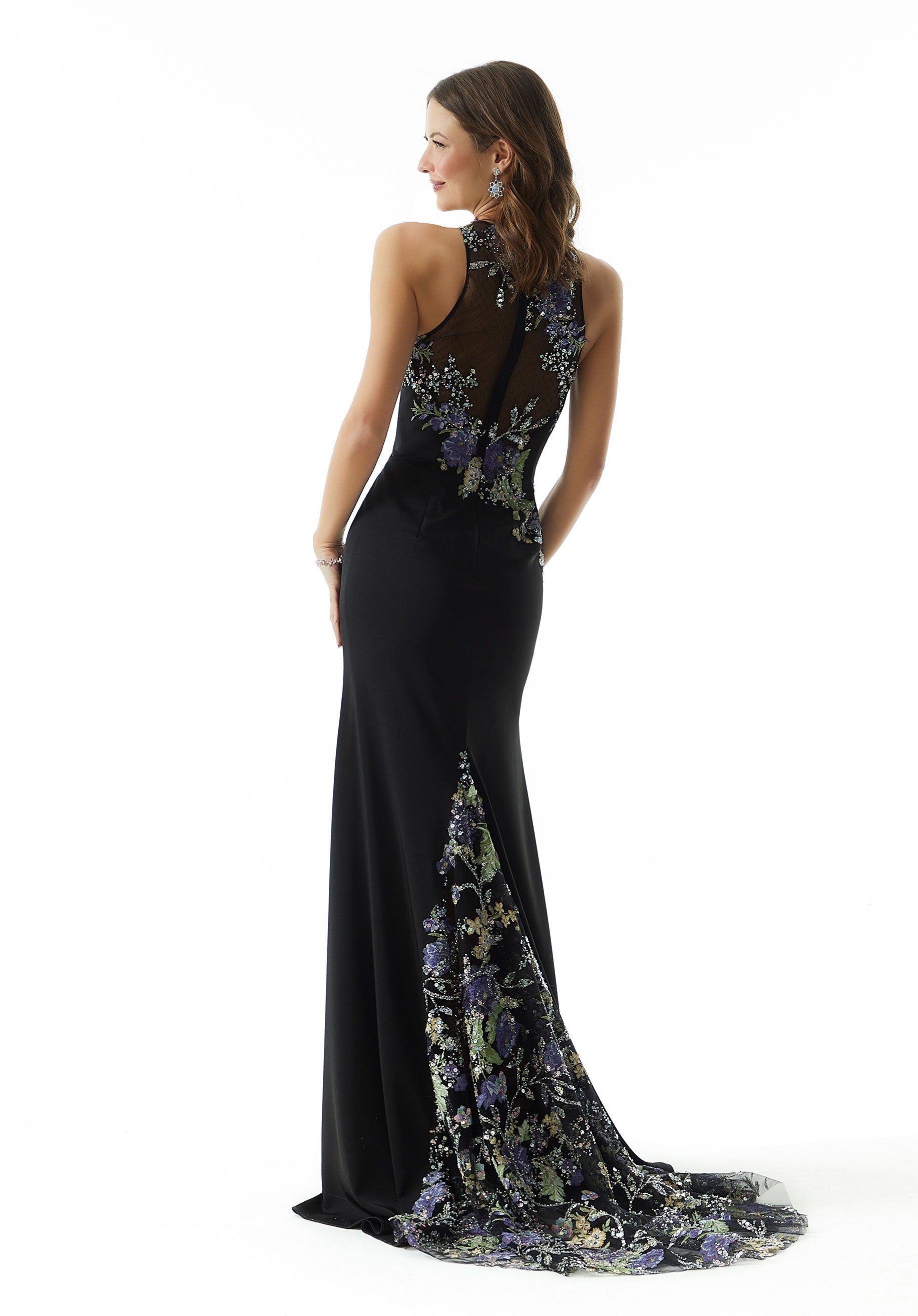 Black/Multi High Jewel Neck Floor-Length Crepe Evening Gown with Floral Embroidery MGNY Madeline Gardner New York 73006