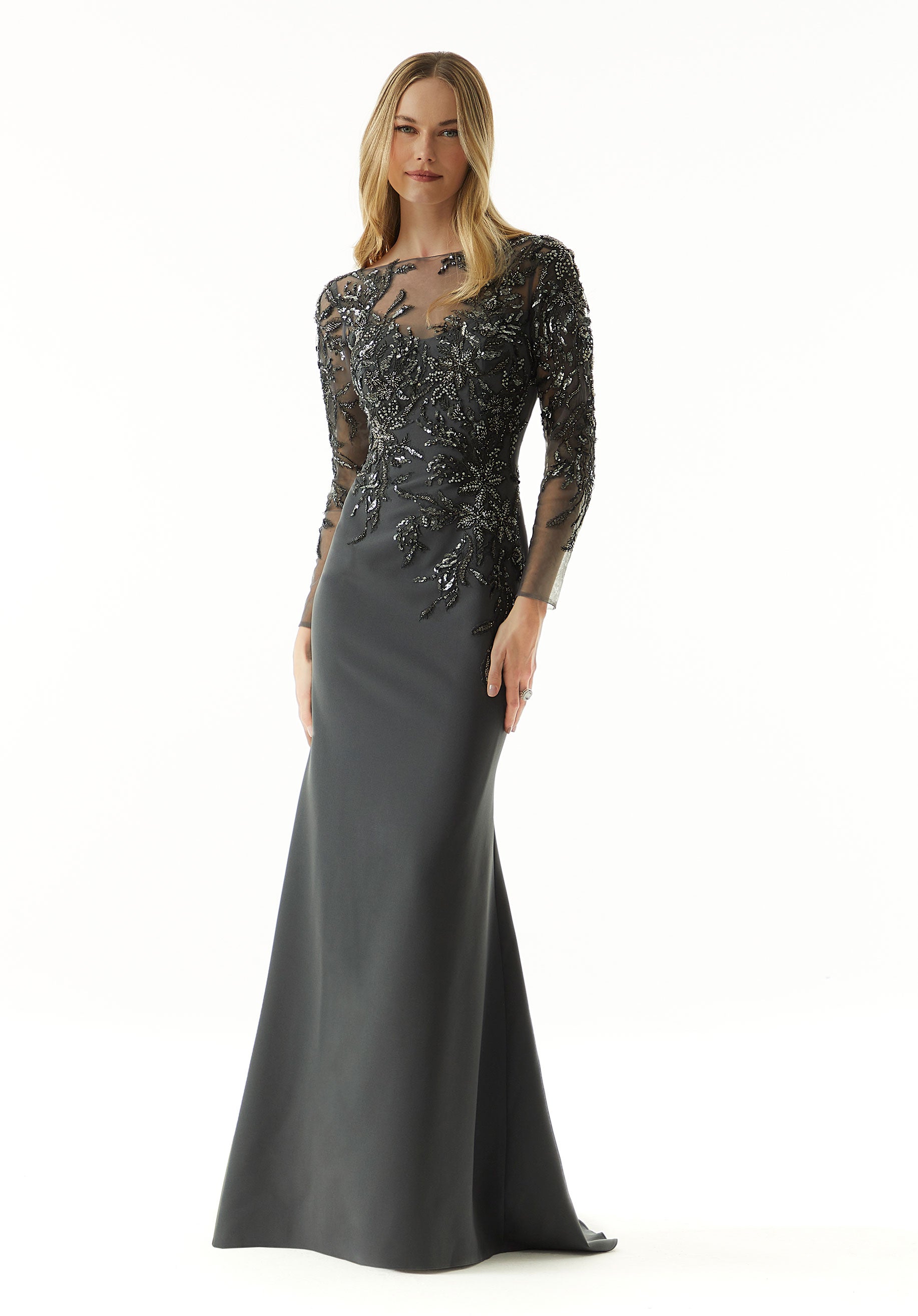Charcoal Illusion Floor-Length Crepe Evening Gown with Long Sleeves and Metallic Embroidery MGNY Madeline Gardner New York 73007