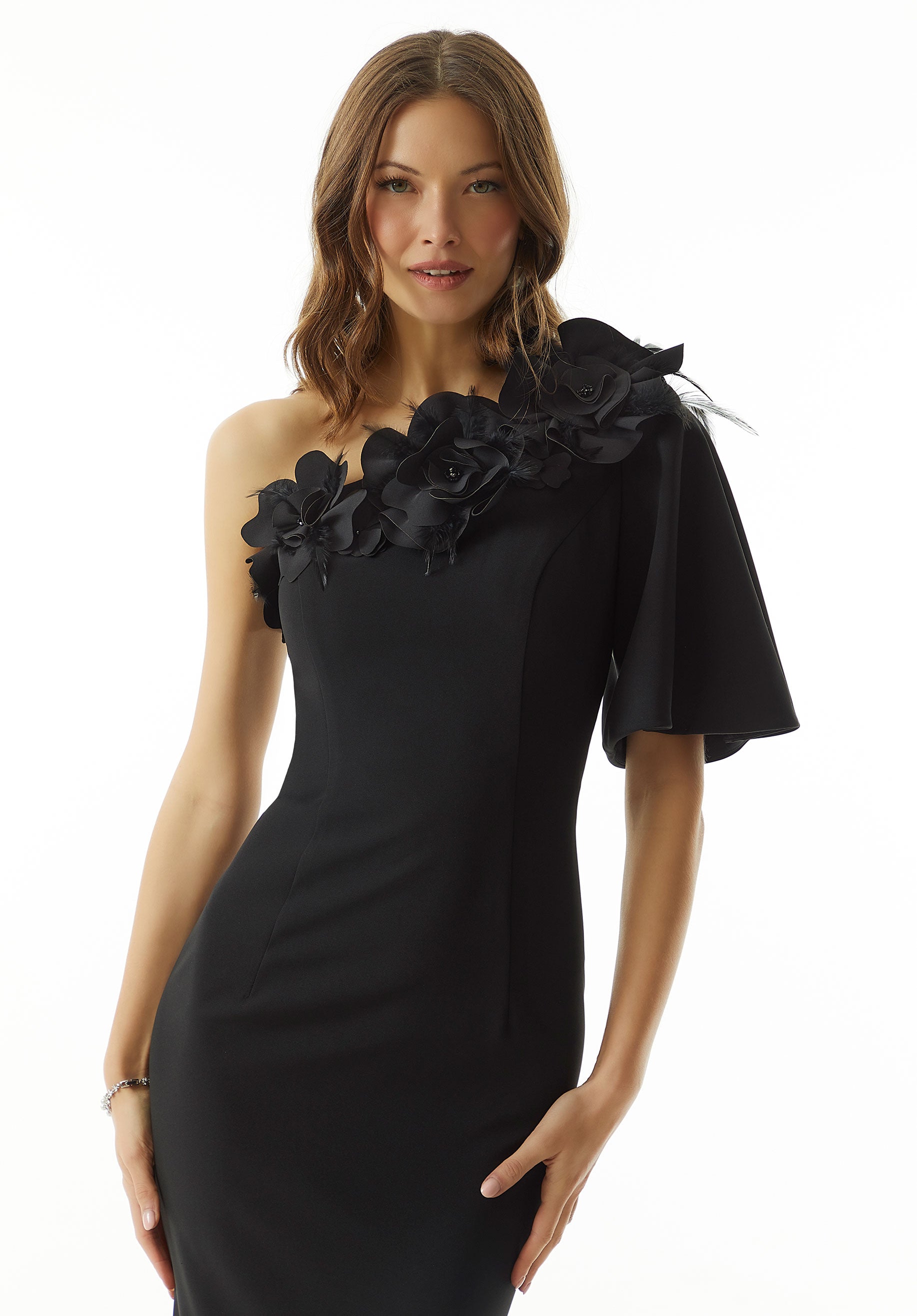 Black One-Shoulder Floor-Length Crepe Evening Gown with 3D Flowers and Feathers MGNY Madeline Gardner New York 73009