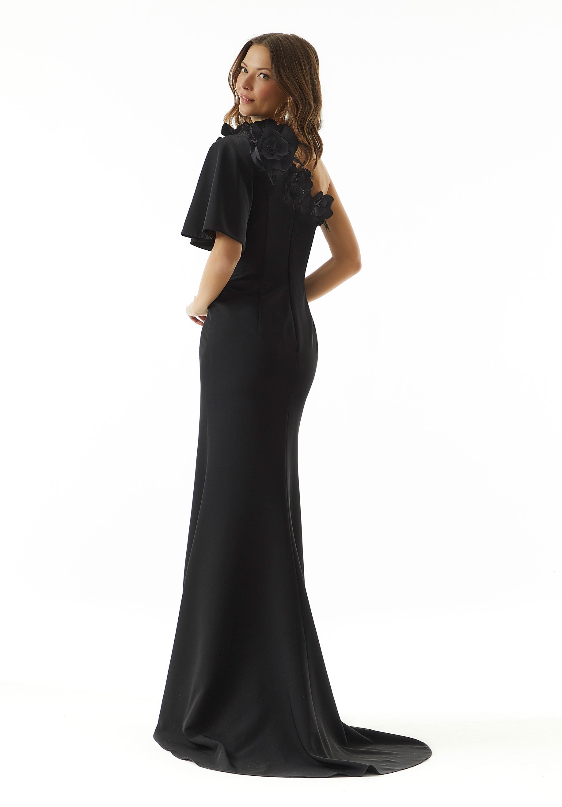 Black One-Shoulder Floor-Length Crepe Evening Gown with 3D Flowers and Feathers MGNY Madeline Gardner New York 73009