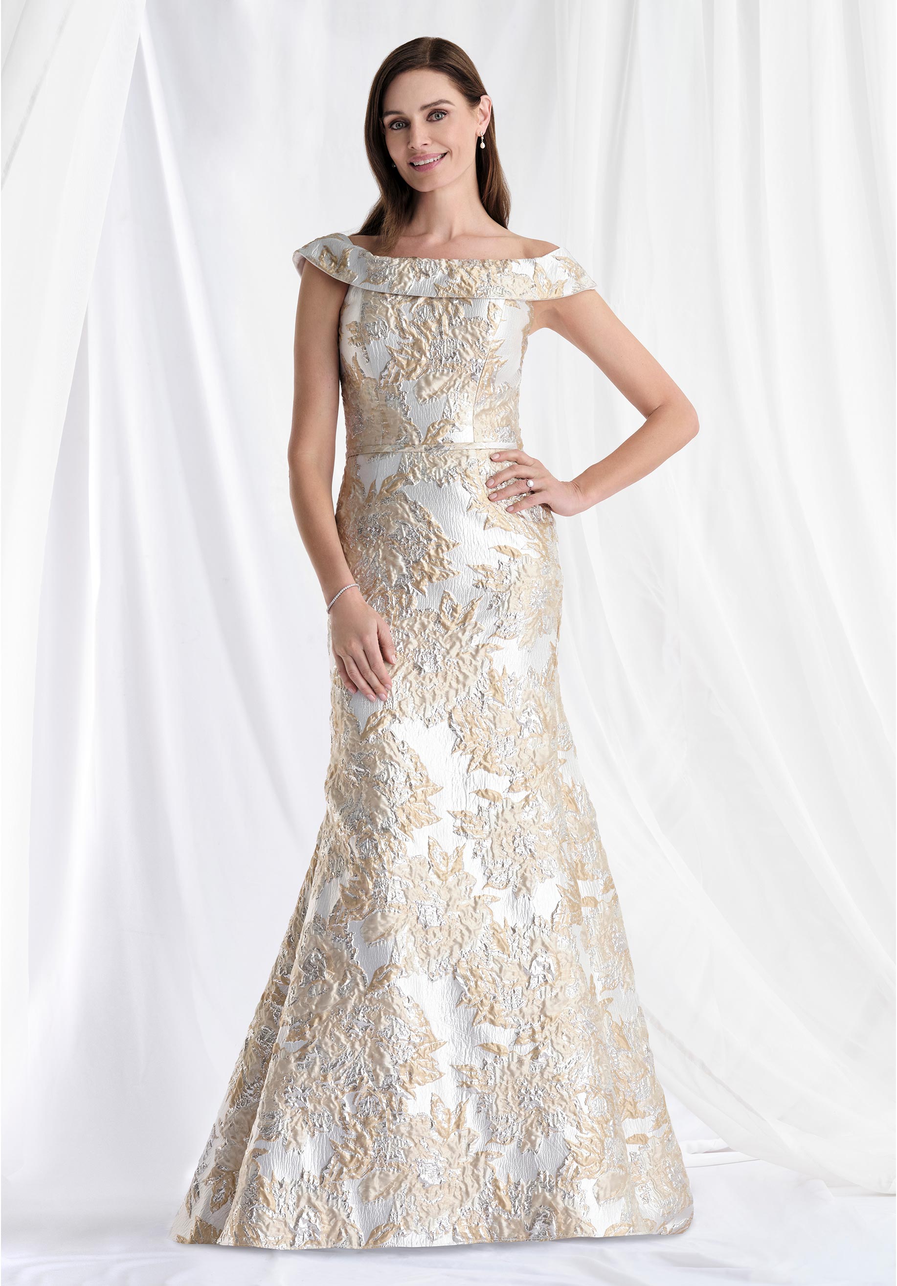Formal Dresses Metallic Ruffle Long Formal Dress Silver/Champagne