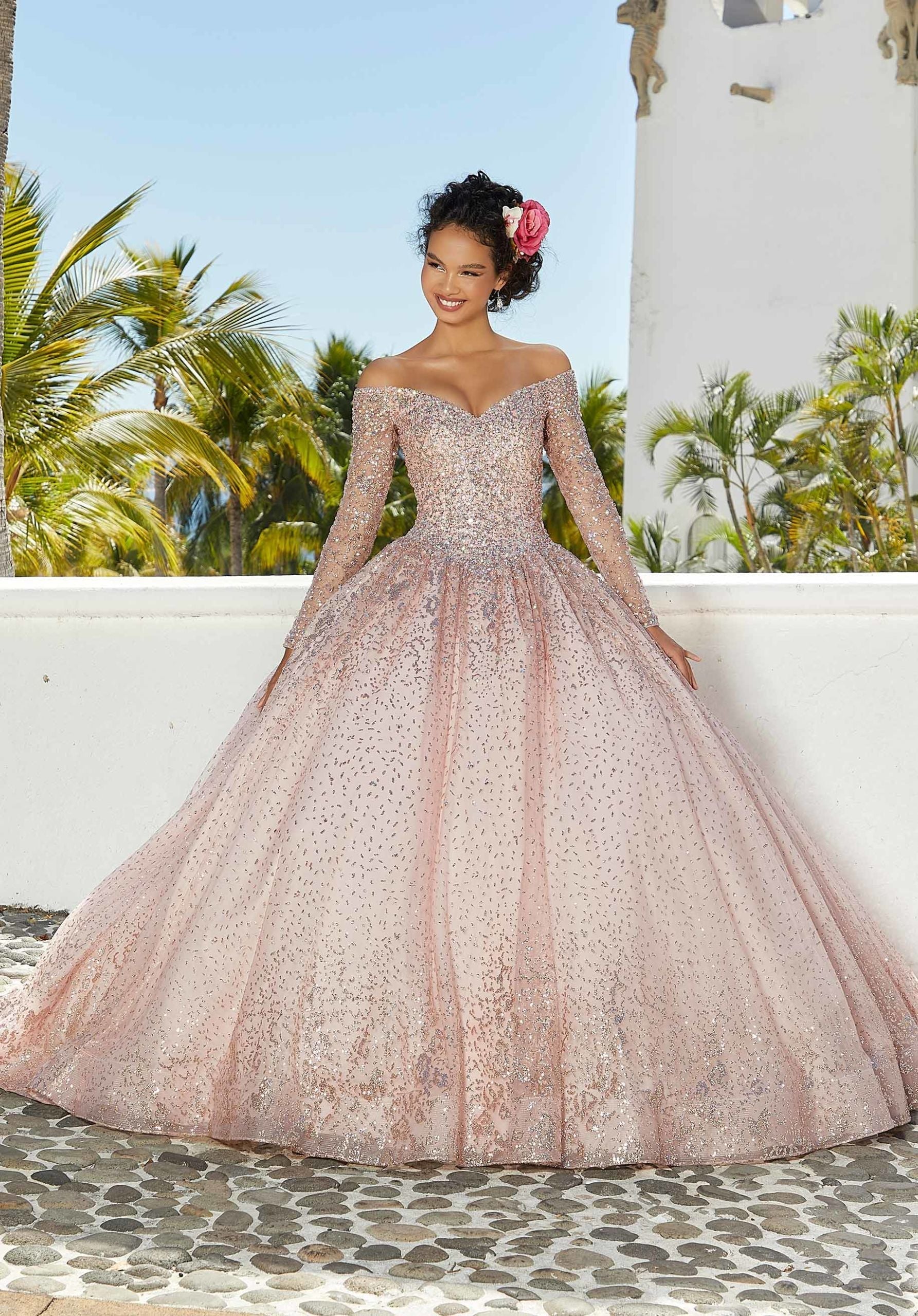Off-the-Shoulder Floor-Length Tulle Quinceañera Ball Gown MGNY Madeline Gardner New York 89355