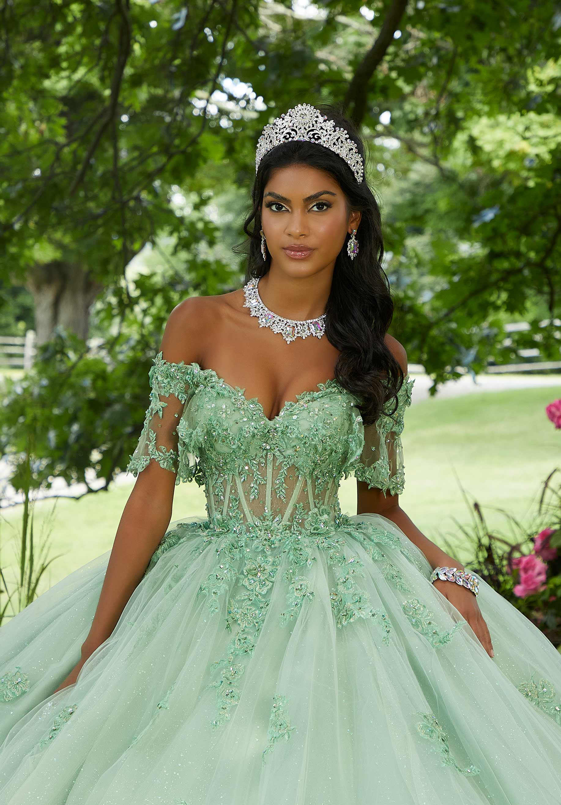 Off-the-Shoulder Floor-Length Tulle Formal Ball Gown MGNY Madeline Gardner New York 89445