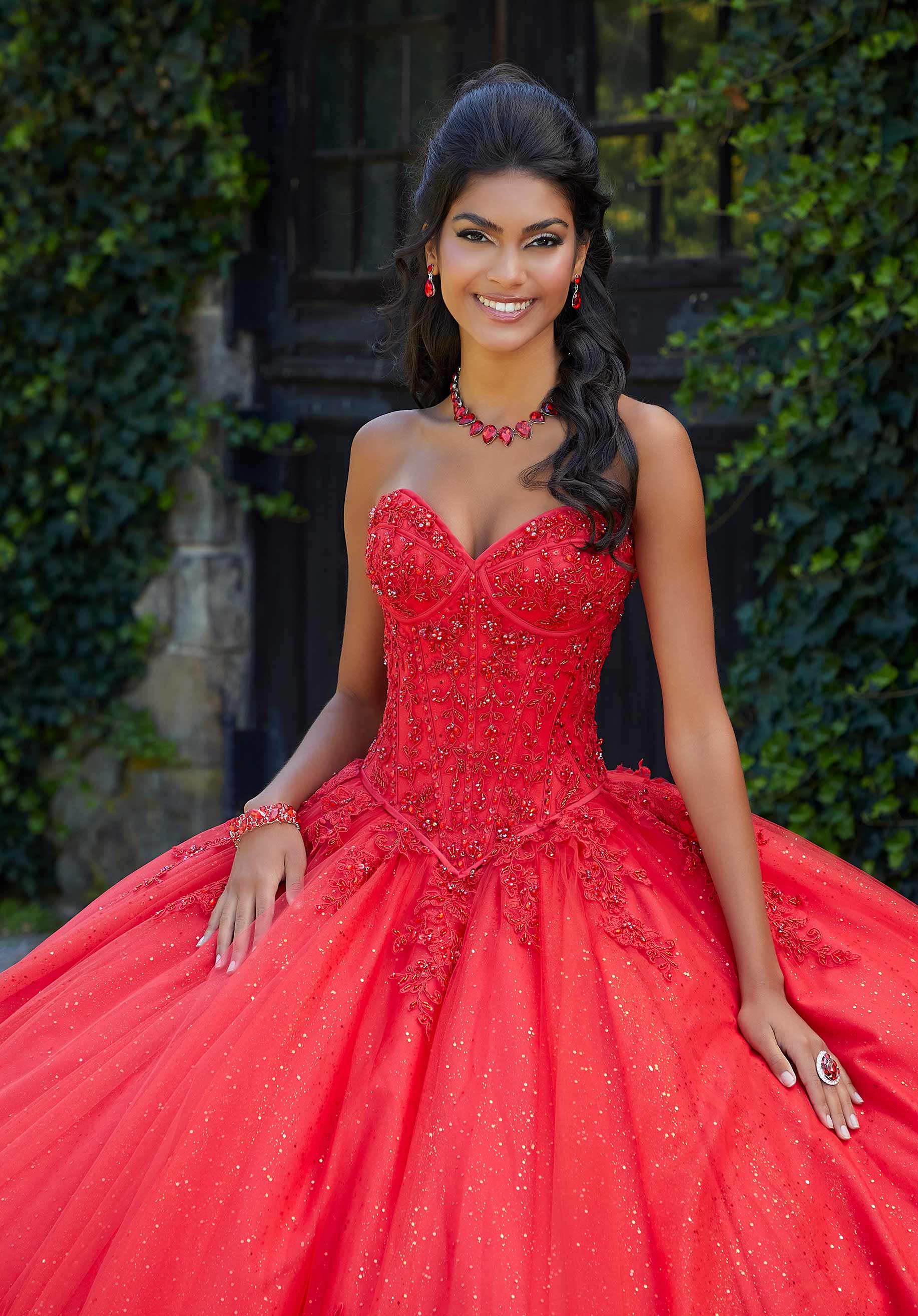 Strapless Curved Neck Floor-Length Tulle Quinceañera Ball Gown MGNY Madeline Gardner New York 89451