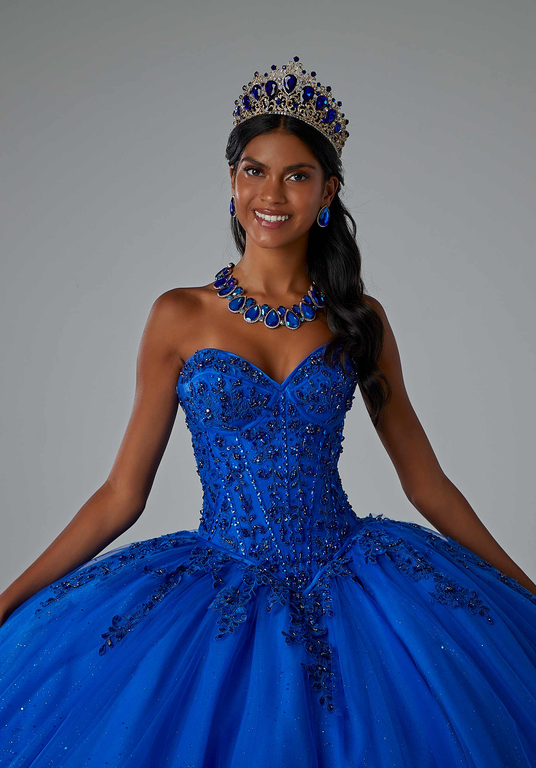 Strapless Curved Neck Floor-Length Tulle Quinceañera Ball Gown MGNY Madeline Gardner New York 89451