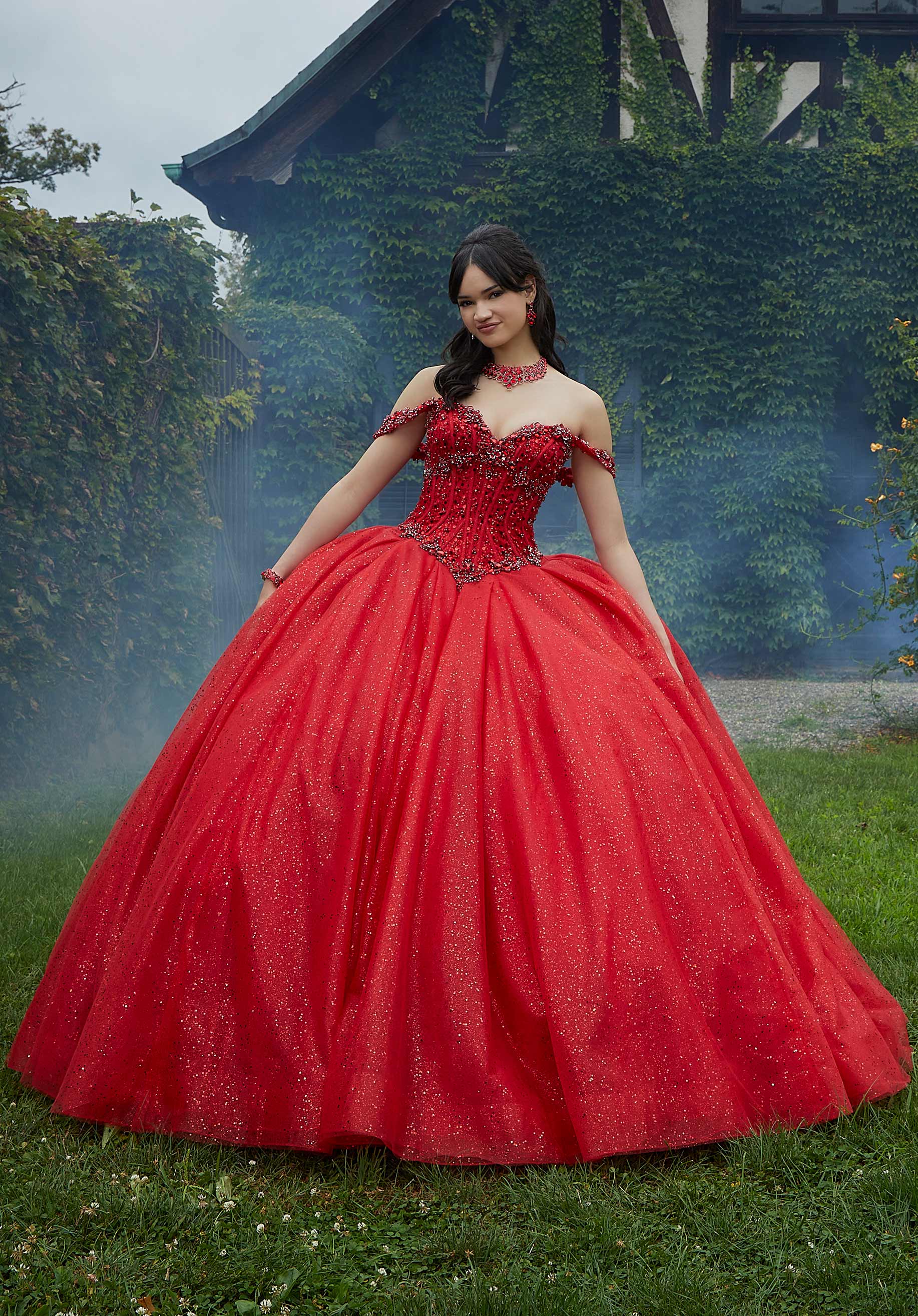Off-the-Shoulder Floor-Length Tulle Prom Ball Gown MGNY Madeline Gardner New York 89453