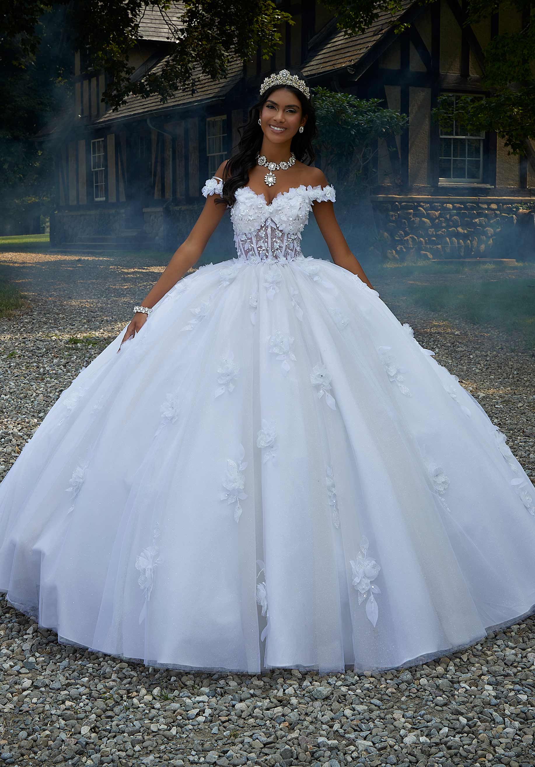 Off-the-Shoulder Floor-Length Tulle Quinceañera Ball Gown MGNY Madeline Gardner New York 89456