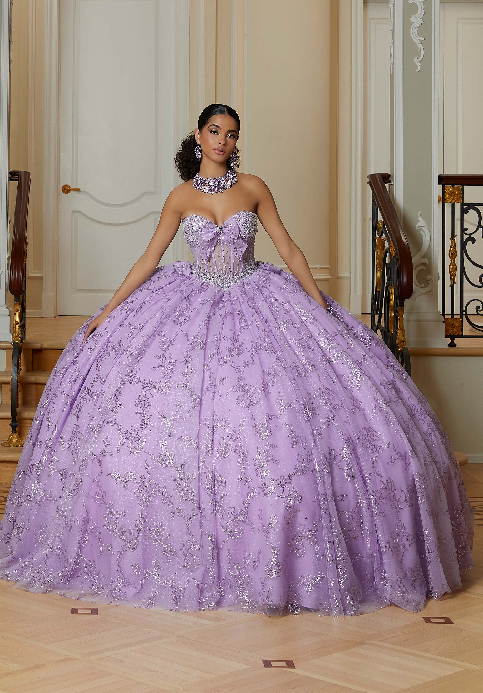 Strapless Curved Neck Floor-Length Tulle Quinceañera Ball Gown MGNY Madeline Gardner New York 89478