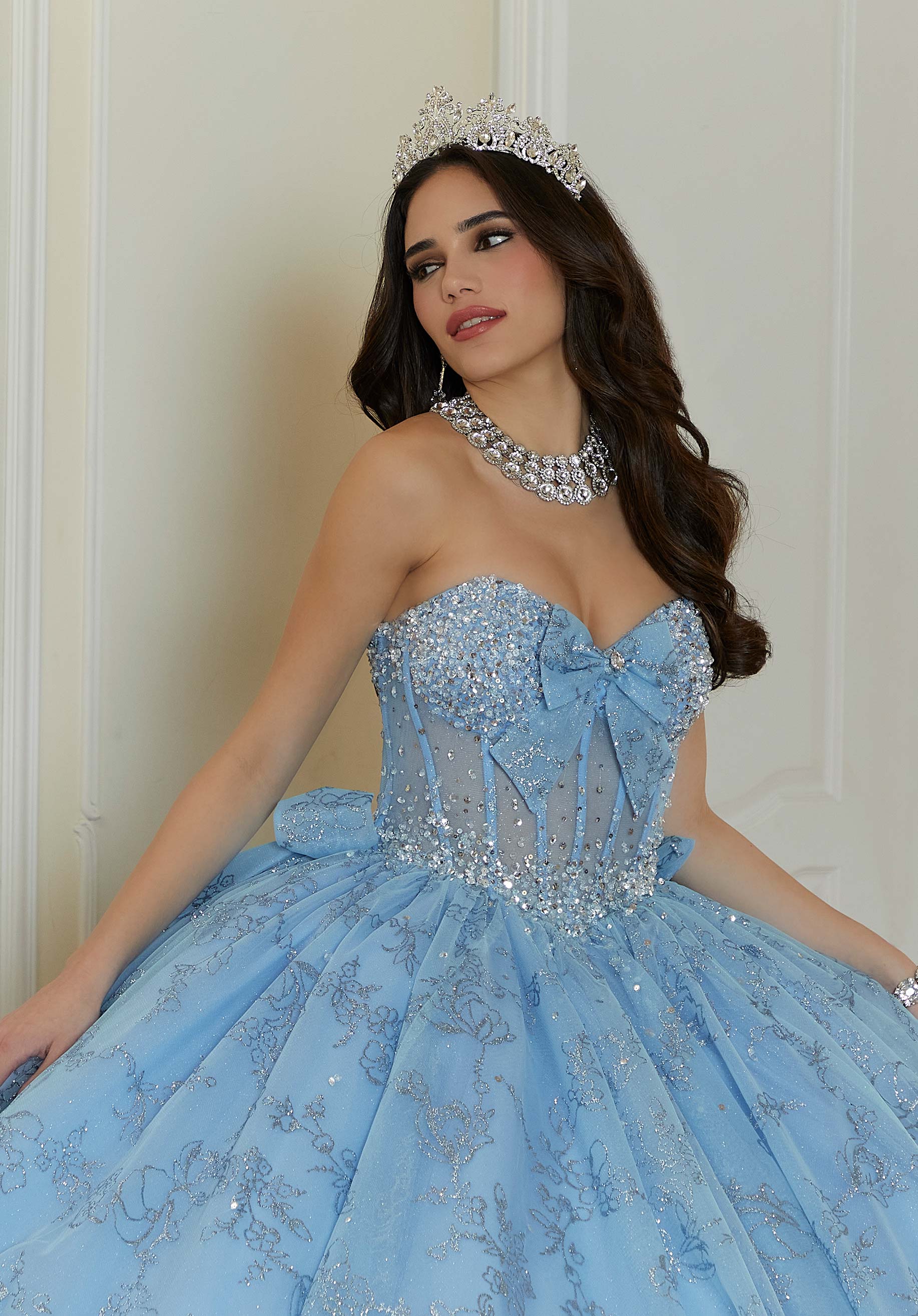Strapless Curved Neck Floor-Length Tulle Quinceañera Ball Gown MGNY Madeline Gardner New York 89478