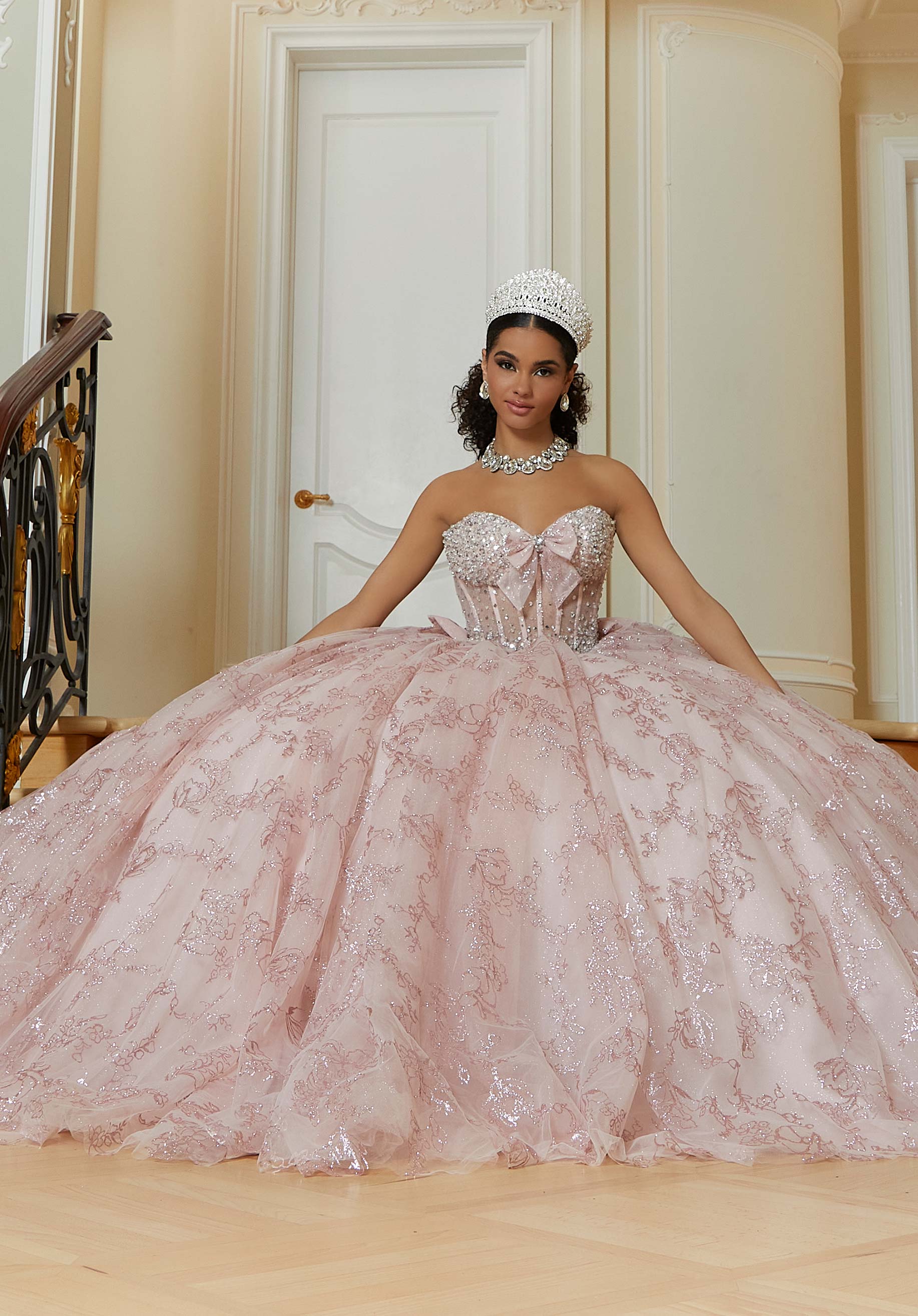 Strapless Curved Neck Floor-Length Tulle Quinceañera Ball Gown MGNY Madeline Gardner New York 89478