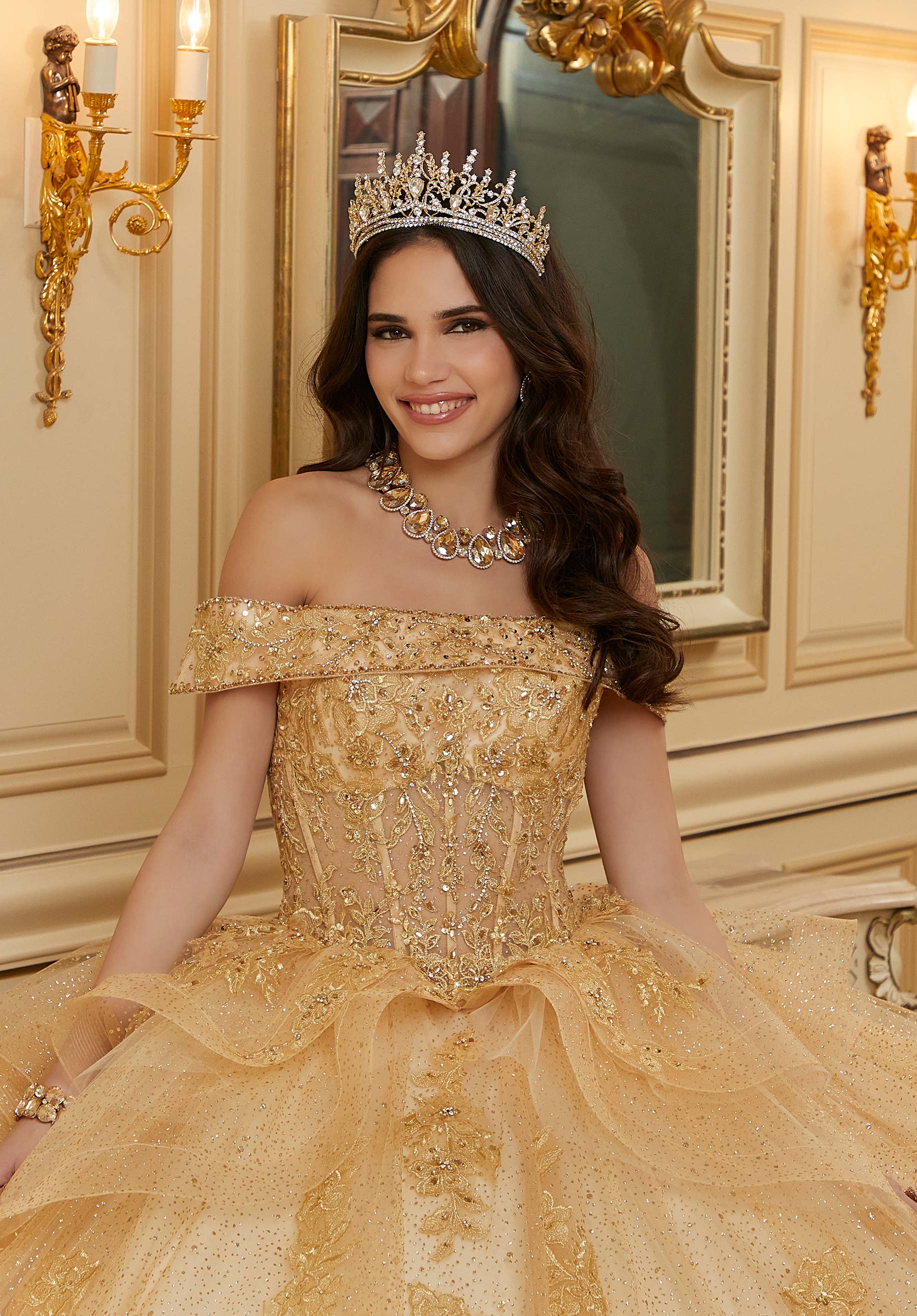 Off-the-Shoulder Floor-Length Tulle Quinceañera Ball Gown MGNY Madeline Gardner New York 89485