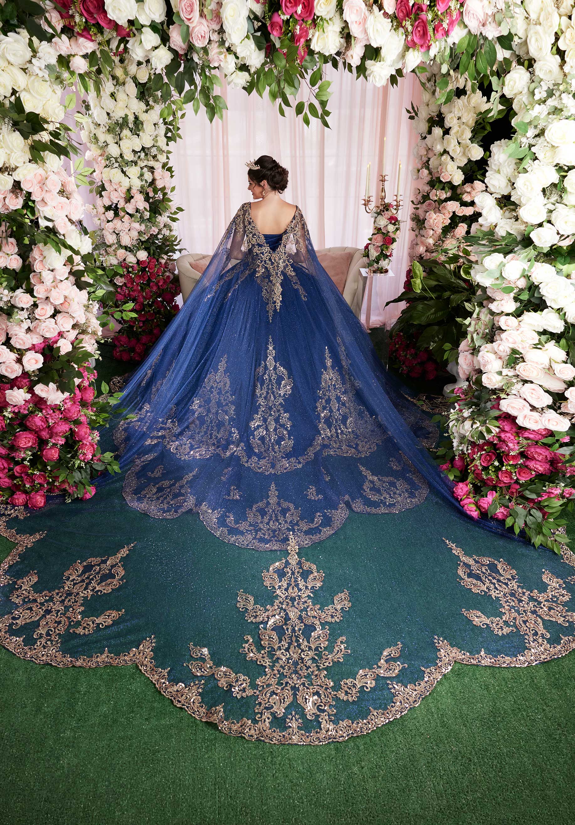Quinceniera Dresses Long Ball Gown Metallic Quinceañera Cape Dress Navy/Antique Gold