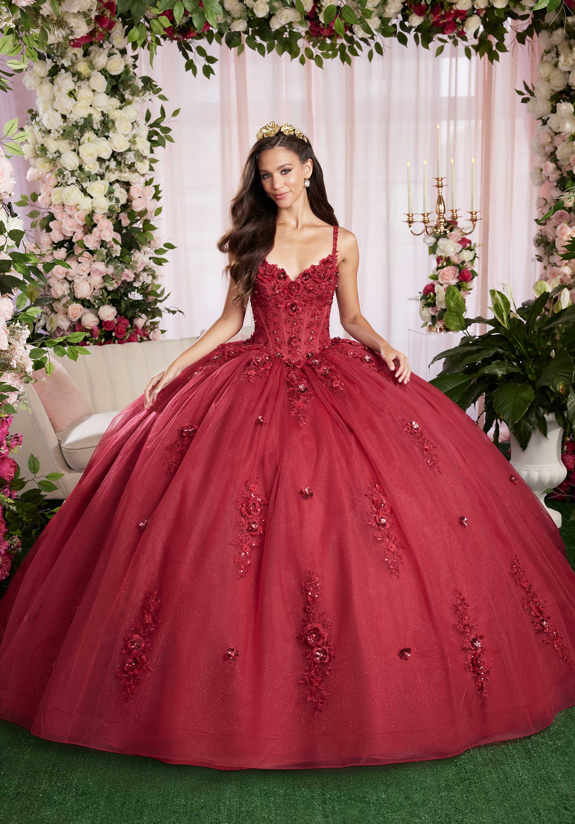 Quinceniera Dresses Long Glitter Ball Gown Corset Quinceanera Dress Ruby