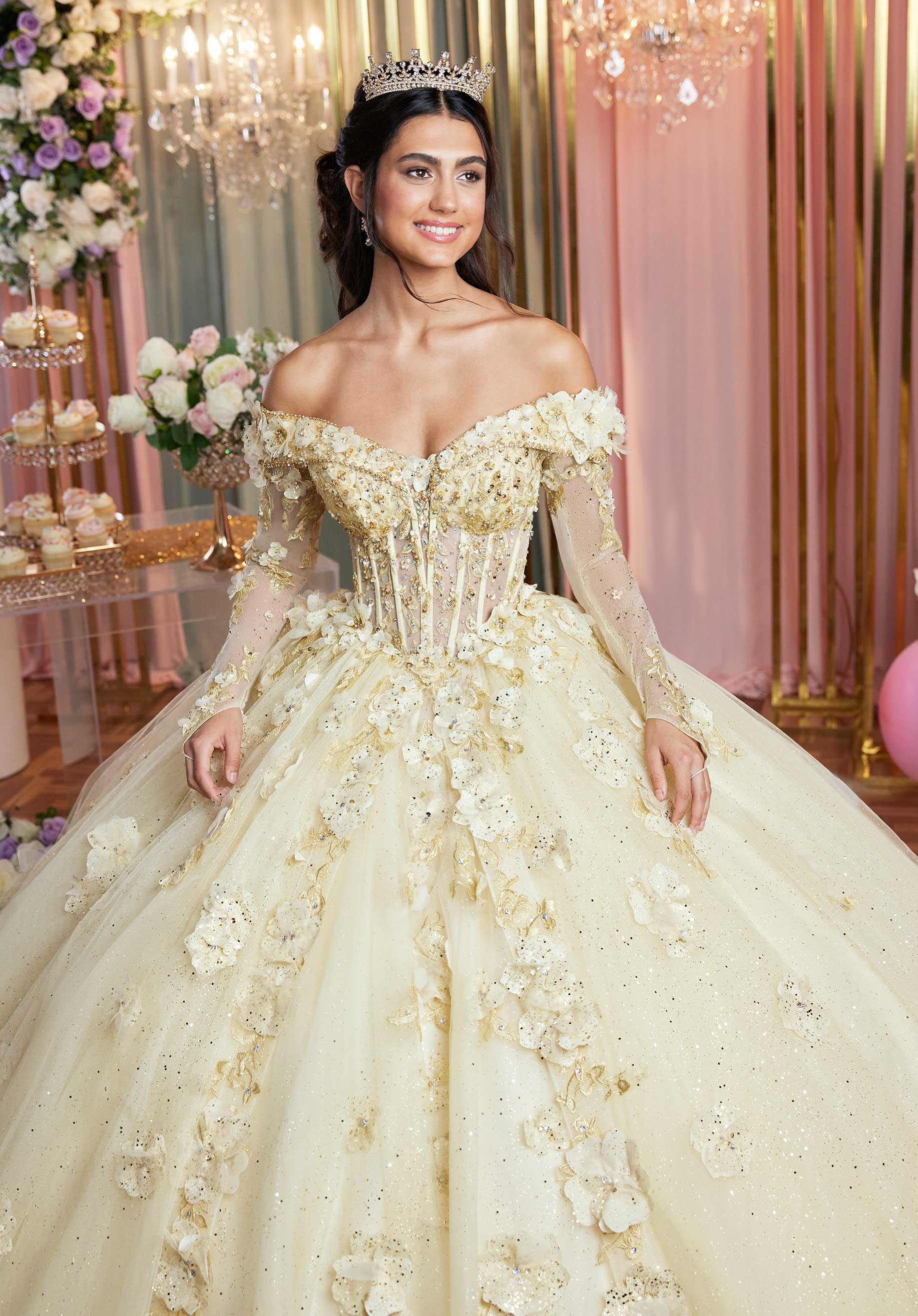 Quinceniera Dresses Long Sweet 16 3D Floral Quinceanera Dress Champagne/Gold