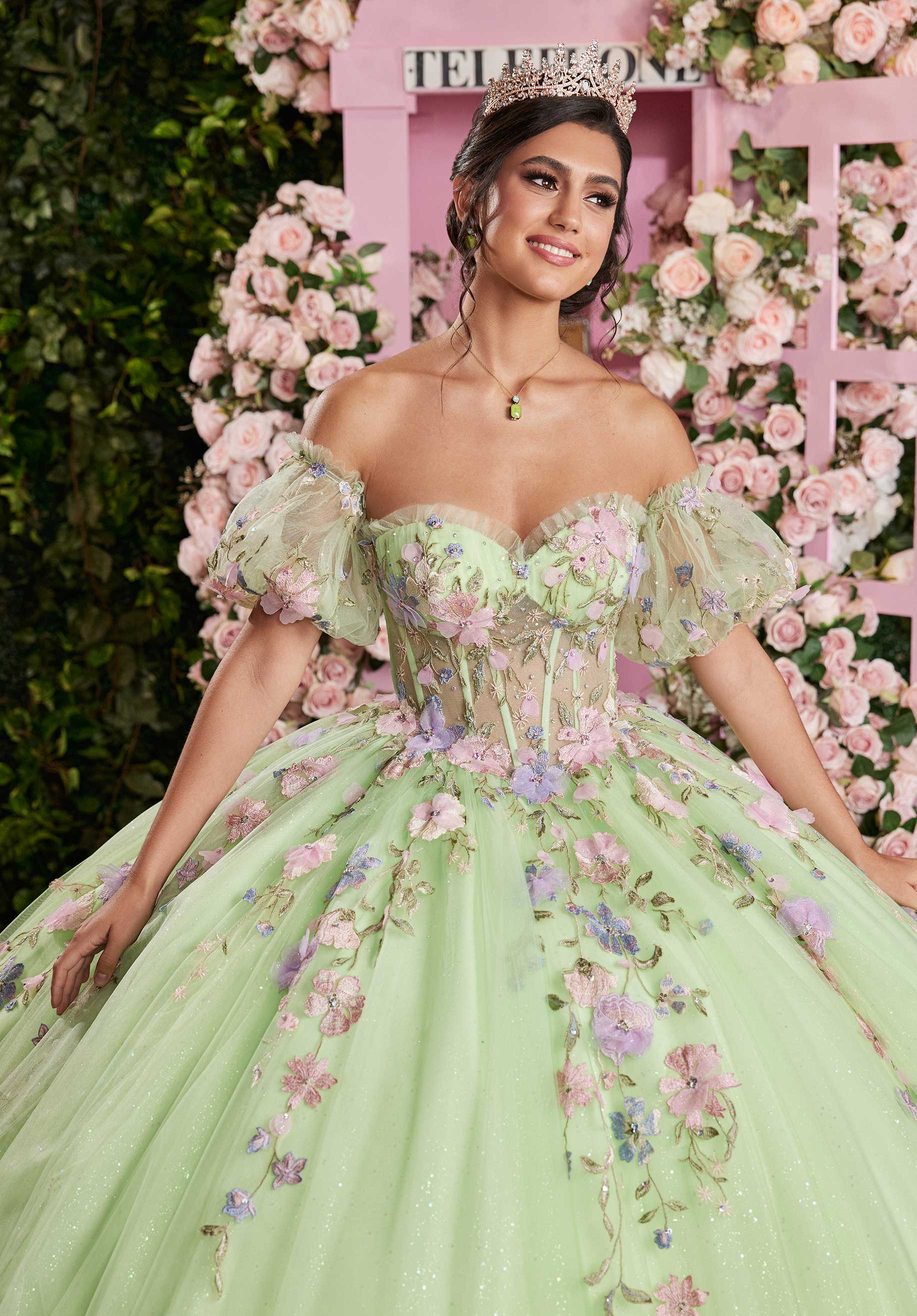 Quinceniera Dresses Long Corset Floral Applique Quinceanera Dress Lime/Multi