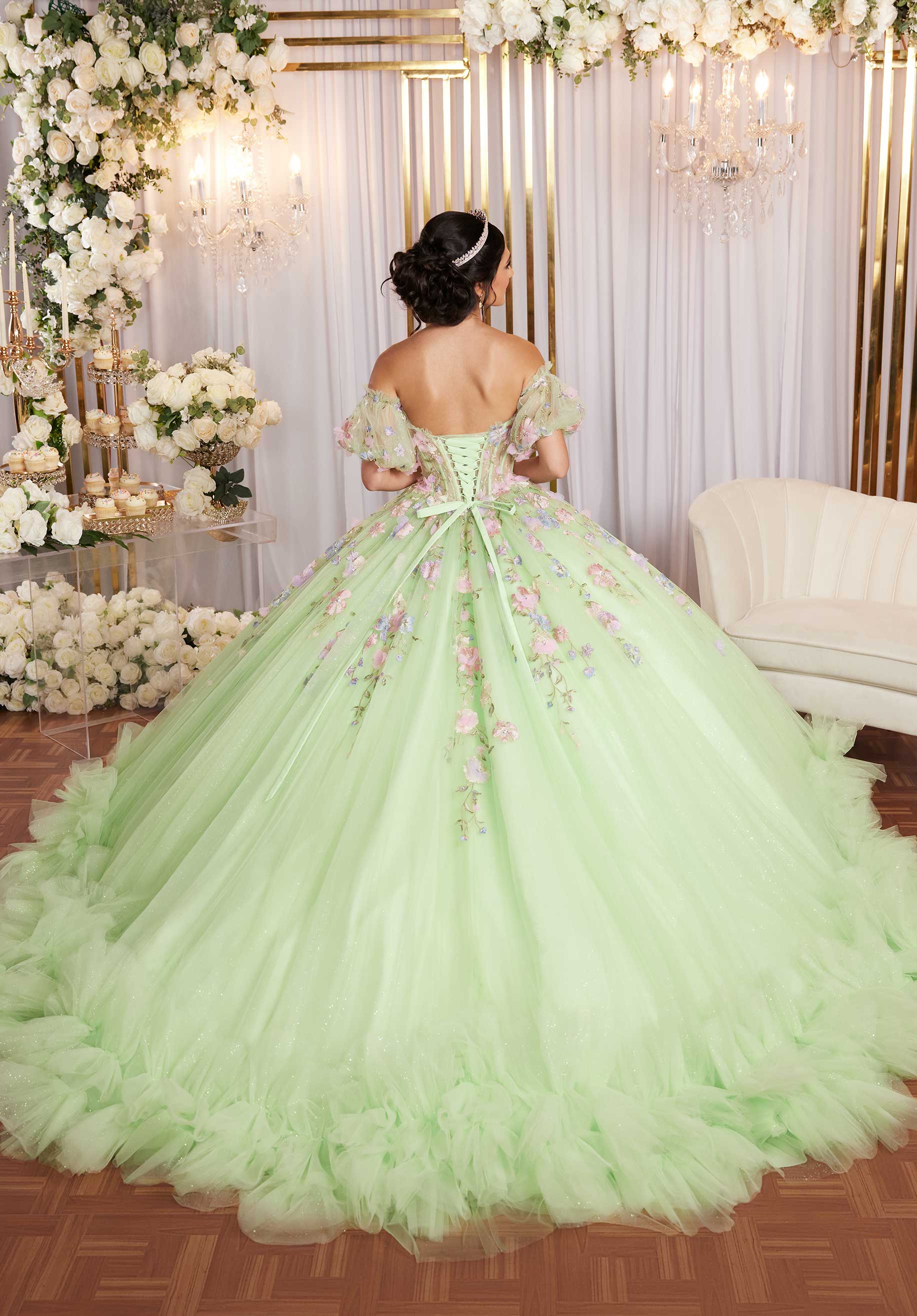 Quinceniera Dresses Long Corset Floral Applique Quinceanera Dress Lime/Multi