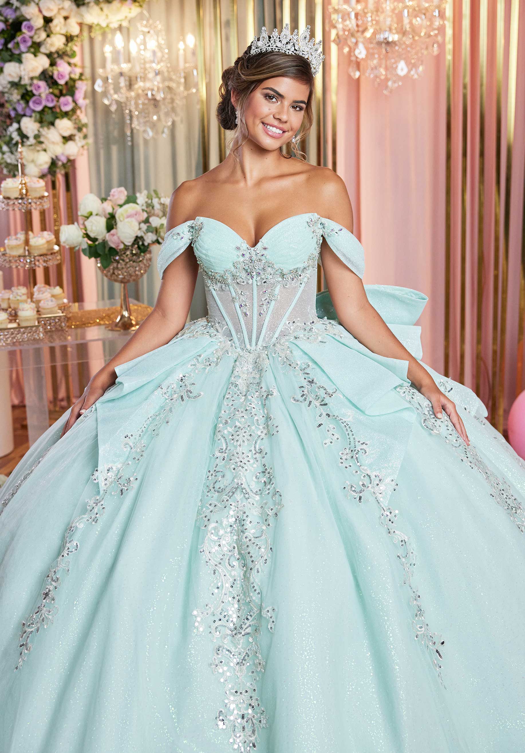 Quinceniera Dresses Glitter Pleated Long Quinceañera Dress Mint/Silver