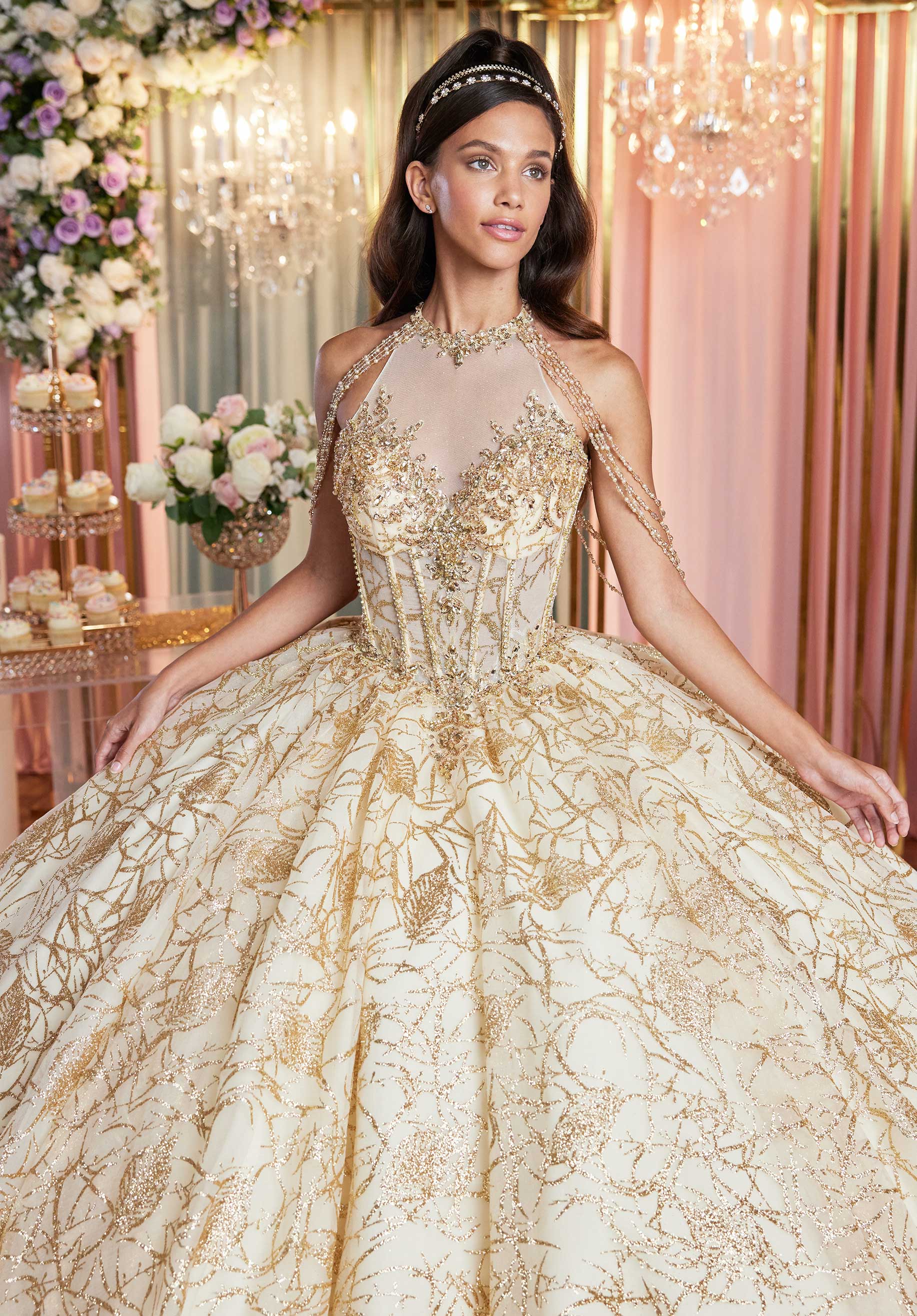 Quinceniera Dresses Long Ball Gown Beaded Applique Quinceanera Dress Champagne/Gold
