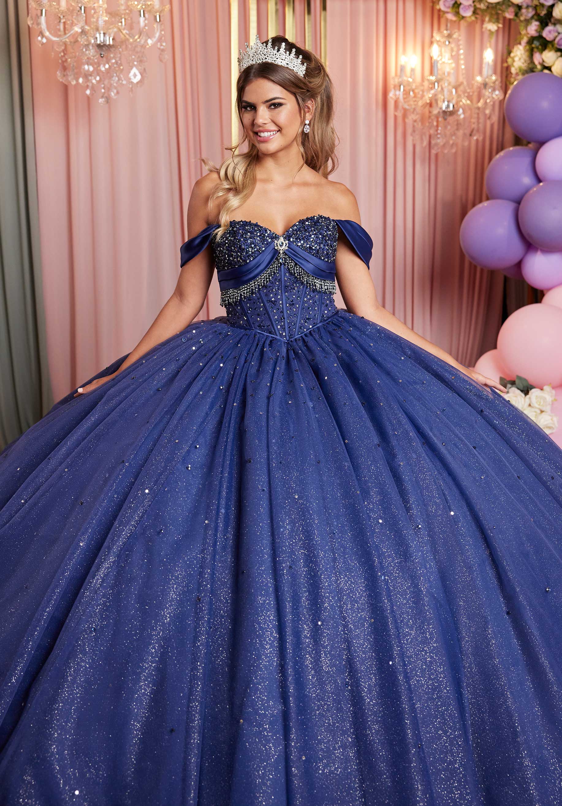 Quinceniera Dresses Long Beaded Fringe Quinceanera Dress Navy