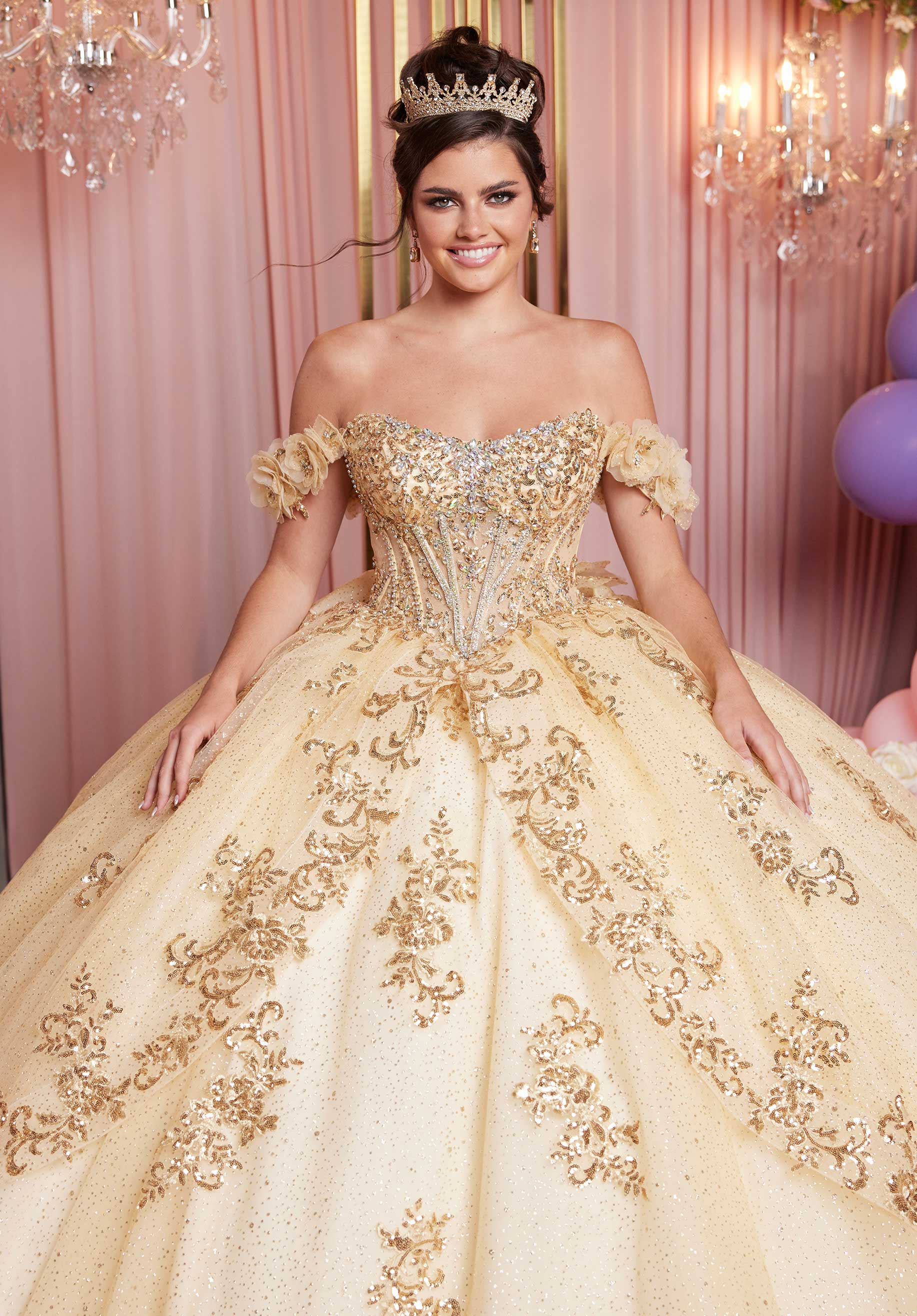 Quinceniera Dresses Long Sequin Appliqué Glitter Quinceañera Dress Gold