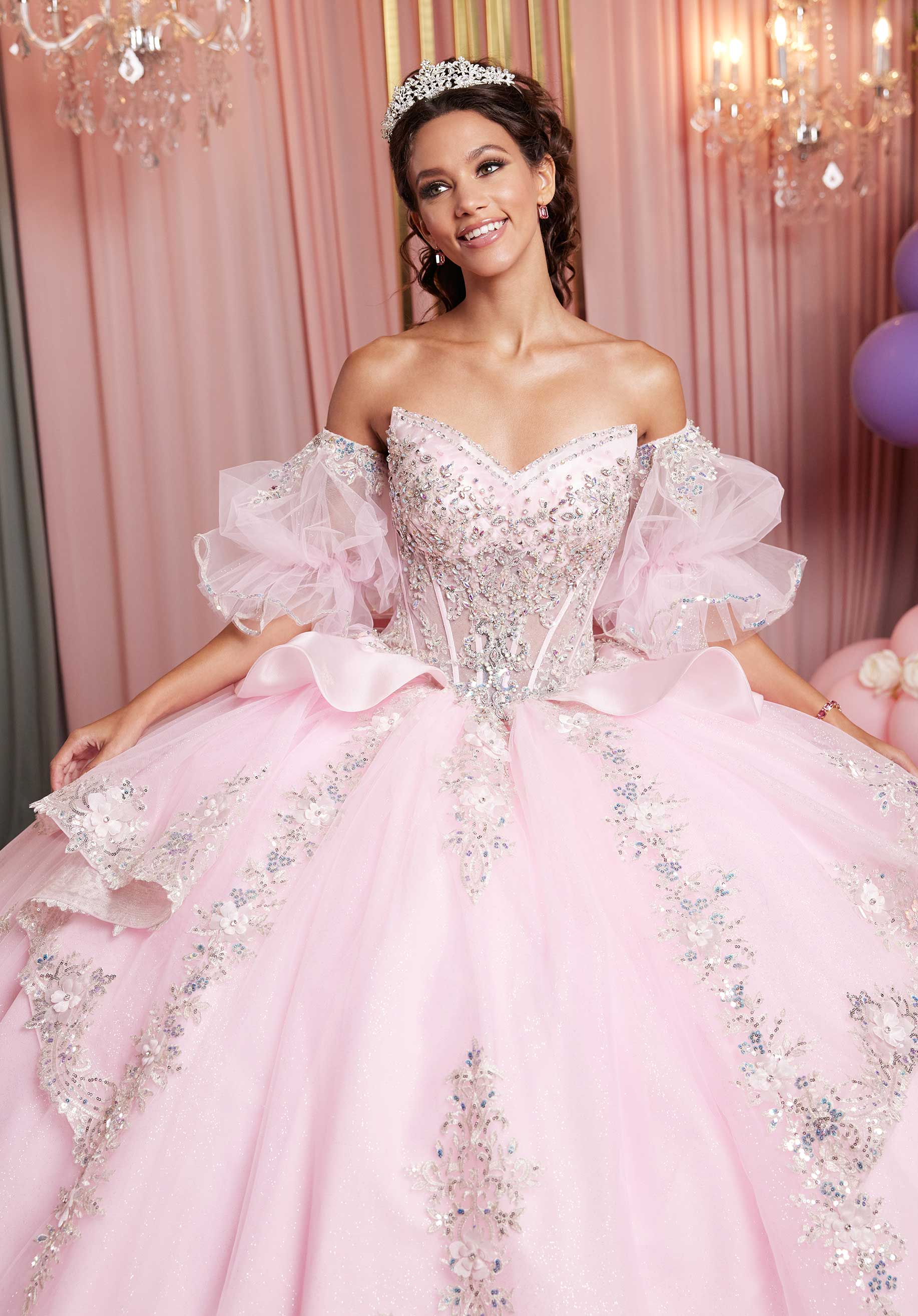 Quinceniera Dresses Long Peplum Tiered Quinceañera Dress Ice Pink