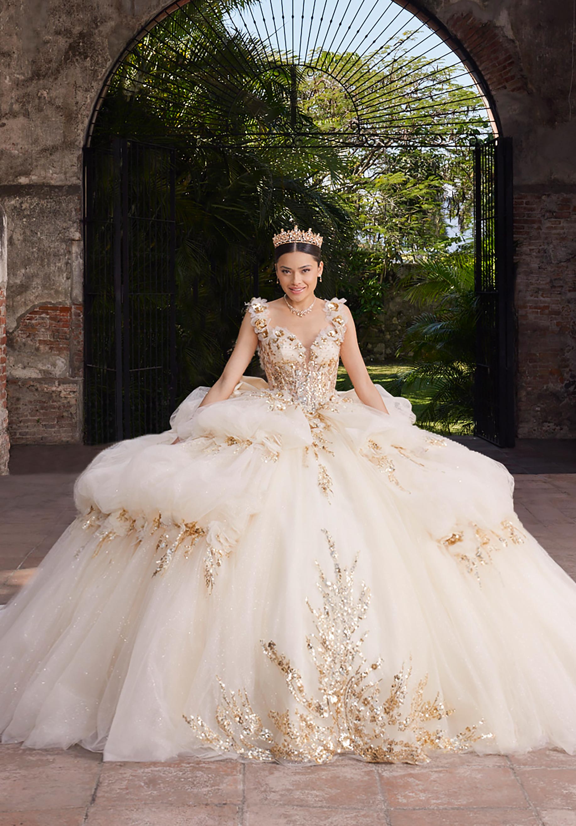Off-the-Shoulder Floor-Length Tulle Quinceañera Ball Gown MGNY Madeline Gardner New York 89536
