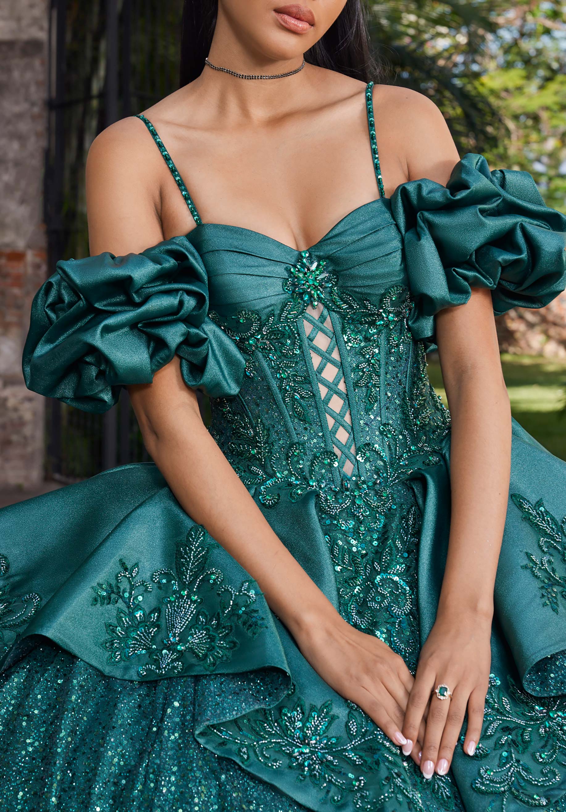 Off-the-Shoulder Floor-Length Satin Quinceañera Ball Gown MGNY Madeline Gardner New York 89543