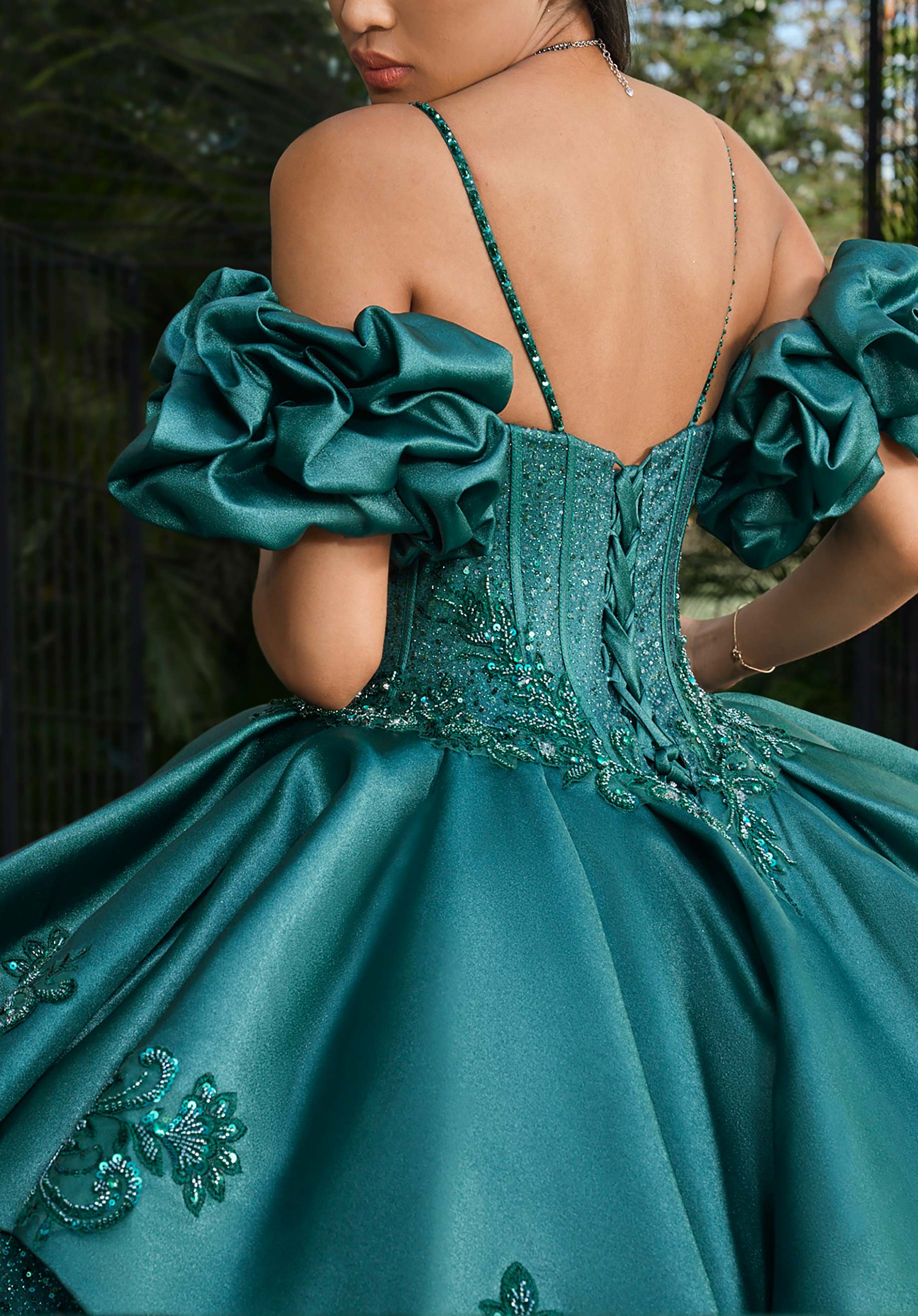 Off-the-Shoulder Floor-Length Satin Quinceañera Ball Gown MGNY Madeline Gardner New York 89543