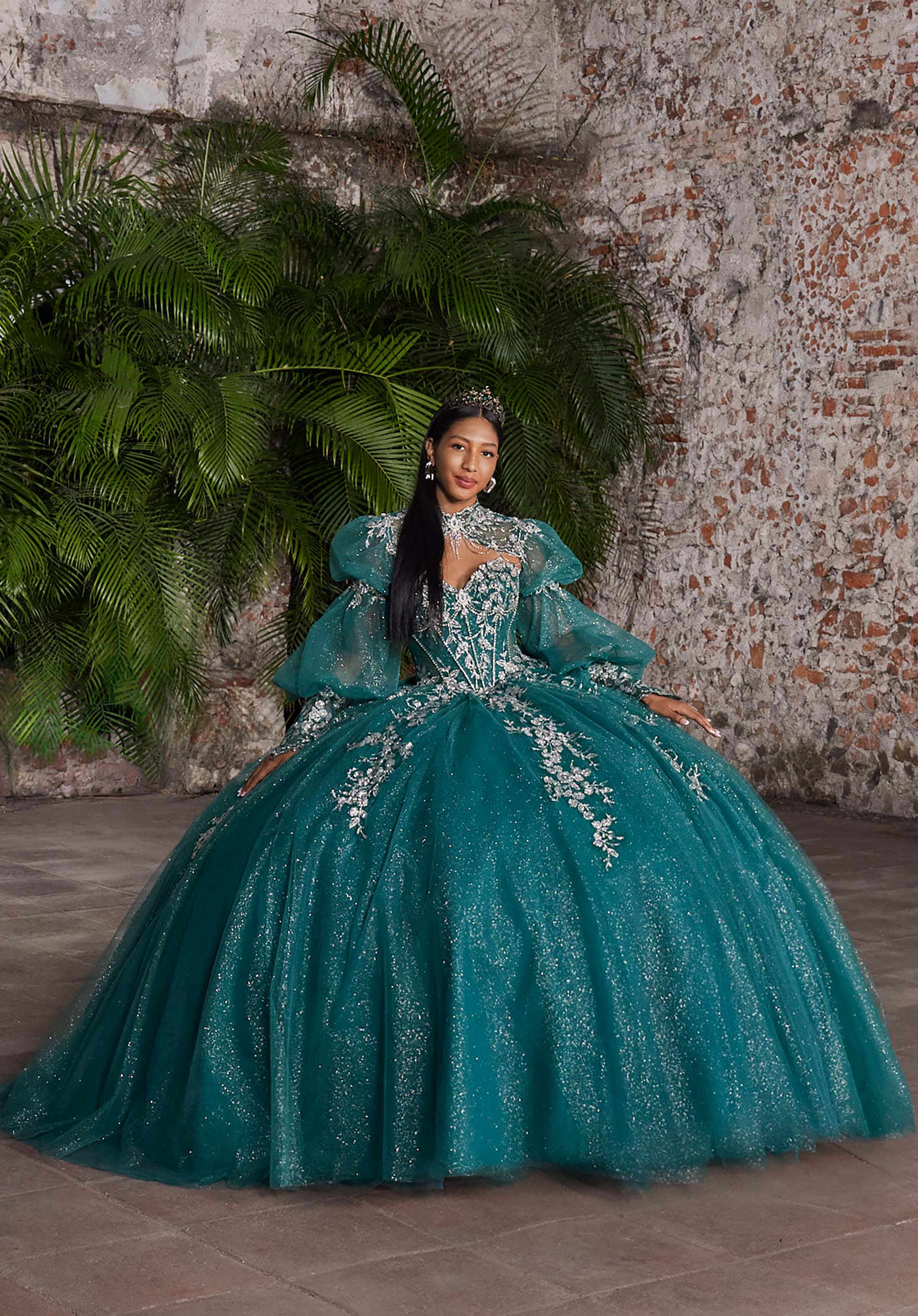 Strapless Curved Neck Floor-Length Tulle Quinceañera Ball Gown MGNY Madeline Gardner New York 89563