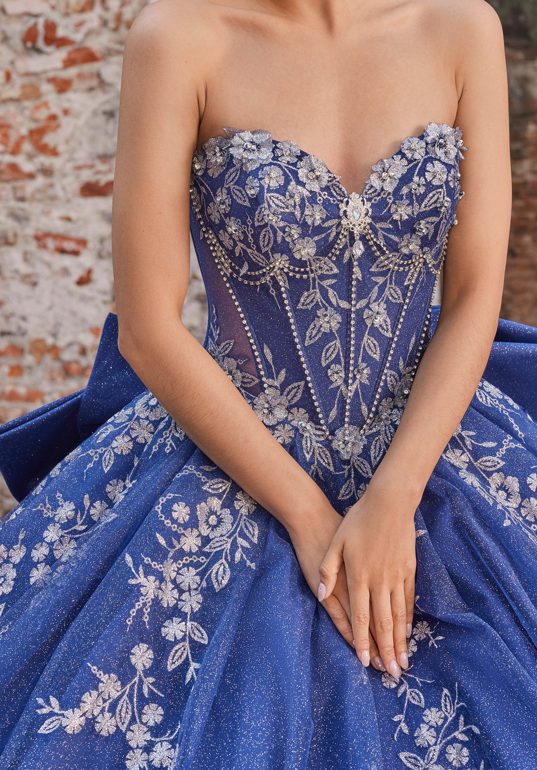 Strapless Curved Neck Floor-Length Tulle Quinceañera Ball Gown MGNY Madeline Gardner New York 89563