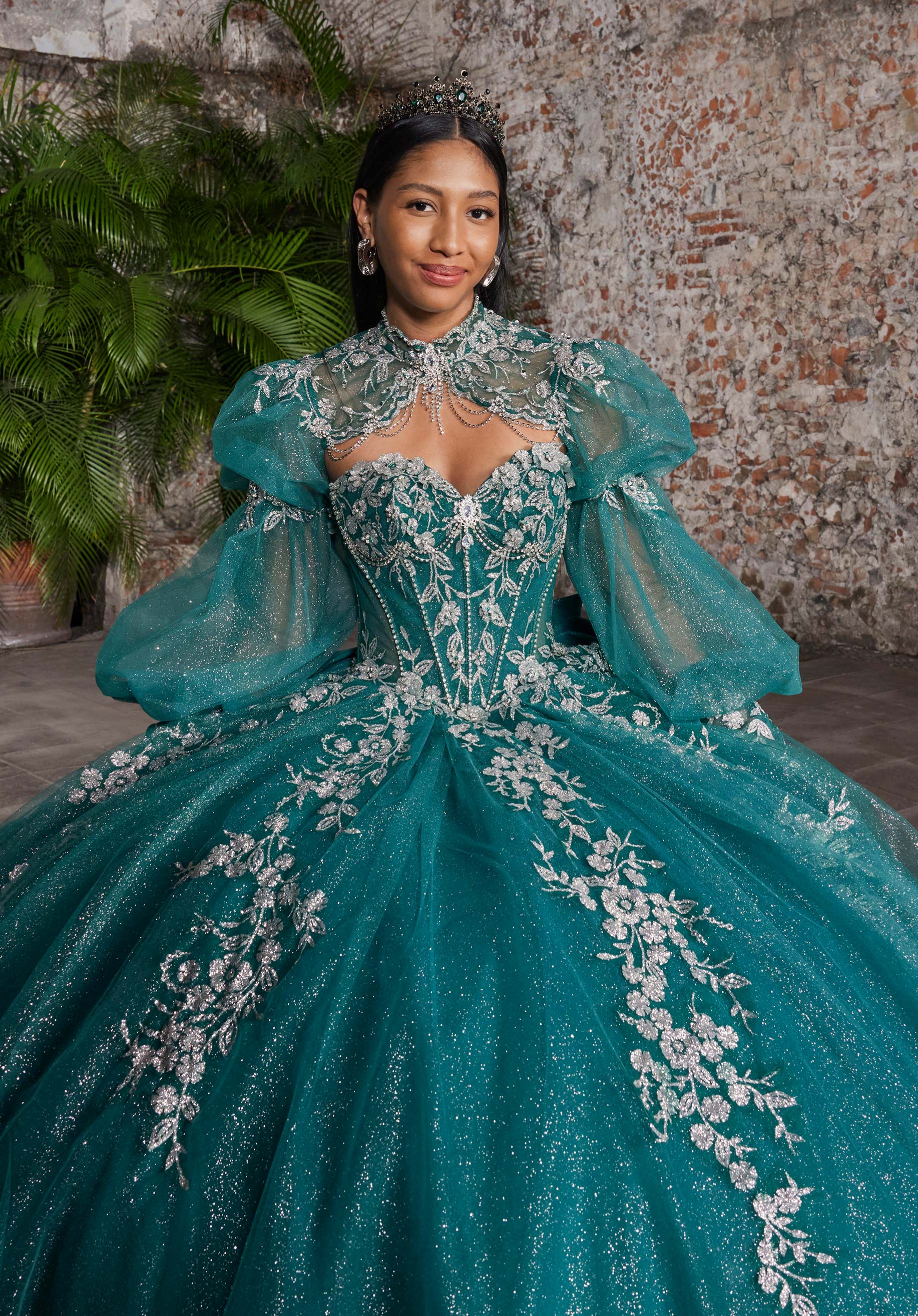 Strapless Curved Neck Floor-Length Tulle Quinceañera Ball Gown MGNY Madeline Gardner New York 89563