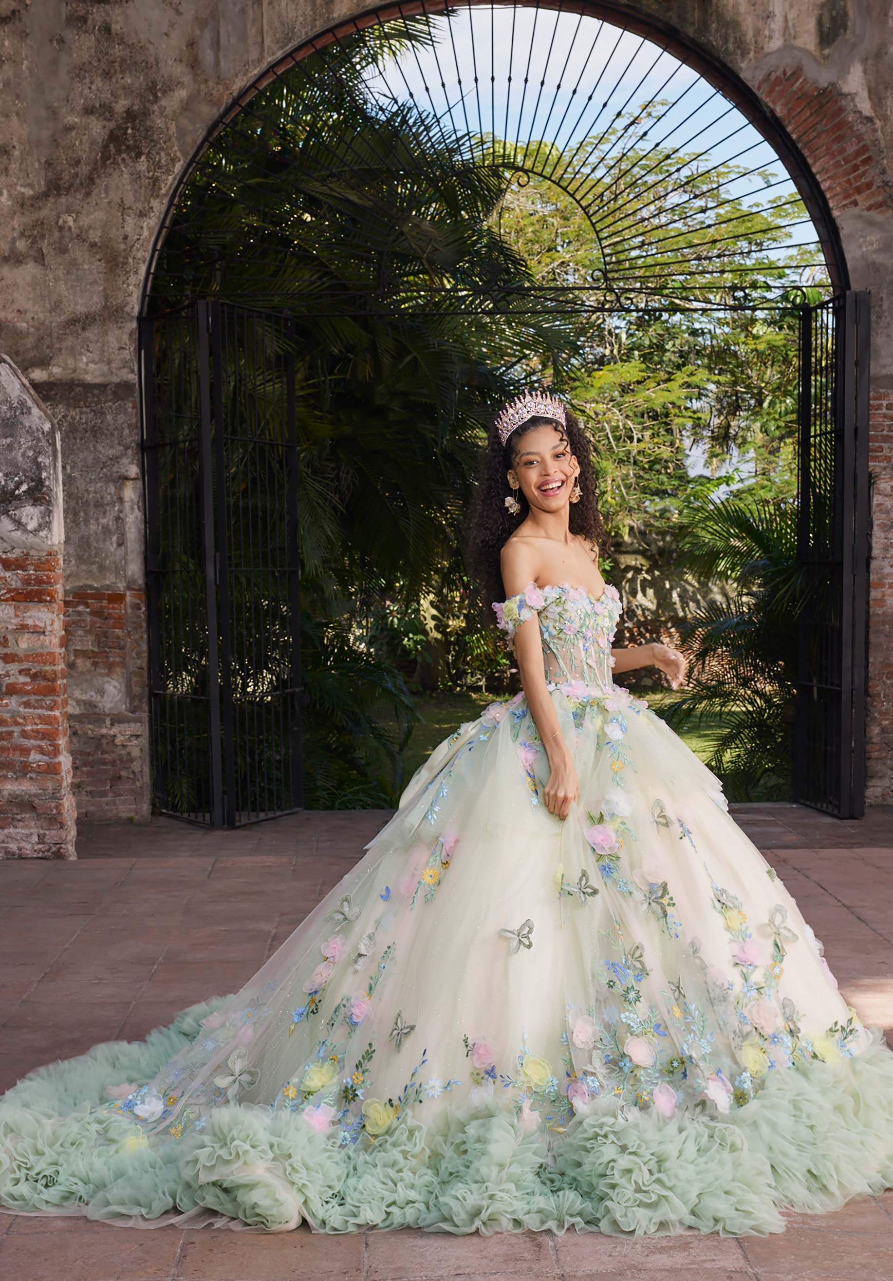 Off-the-Shoulder Floor-Length Tulle Quinceañera Ball Gown MGNY Madeline Gardner New York 89566