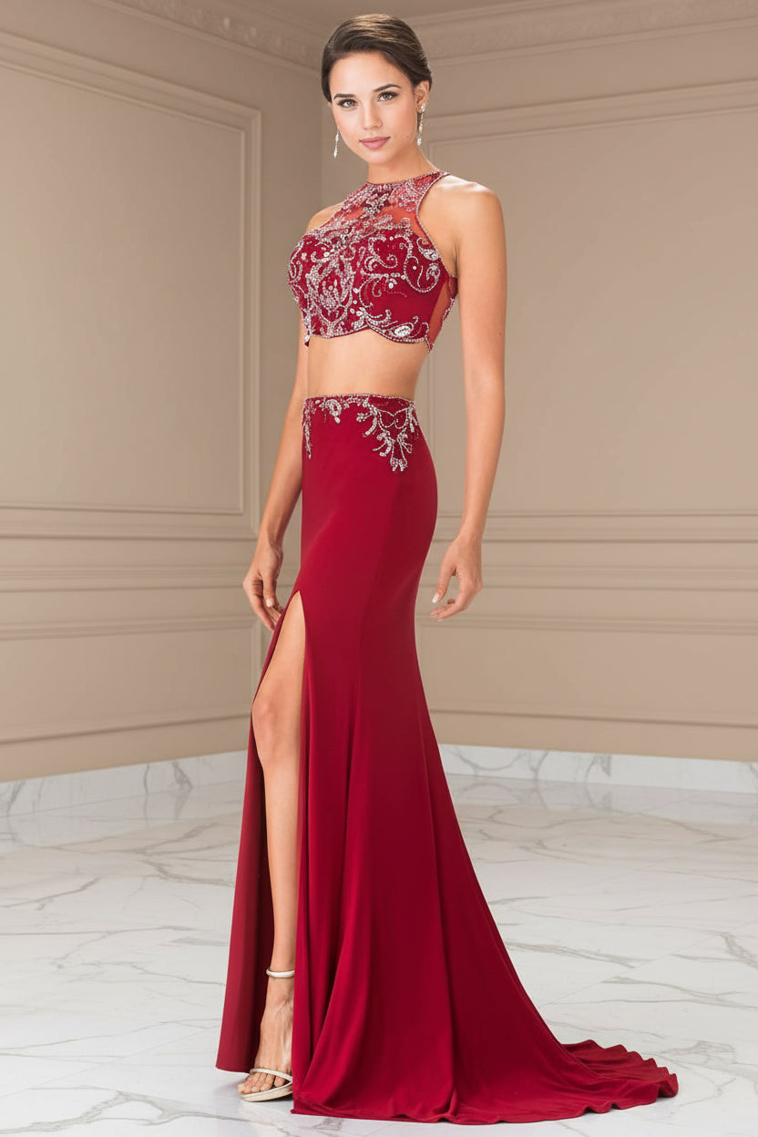 Burgundy Prom Piece Sexy Halter Evening Gown Prom Dresses Gowns