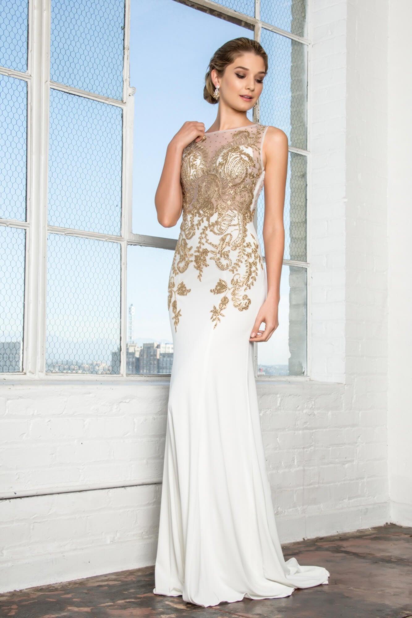 Prom Beaded Top Sheer Bodice Evening Gown