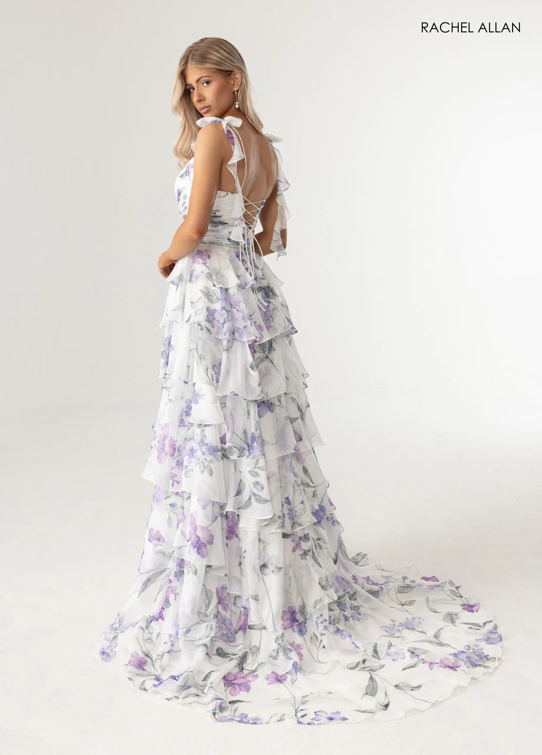 Prom Dresses Long Formal Floral Print Ruffle Dress White Multi