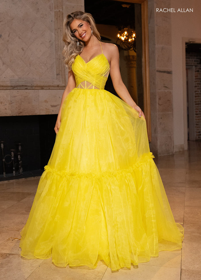 Prom Dresses Long Formal Tiered Ball Gown Pleated Prom Dress Yellow